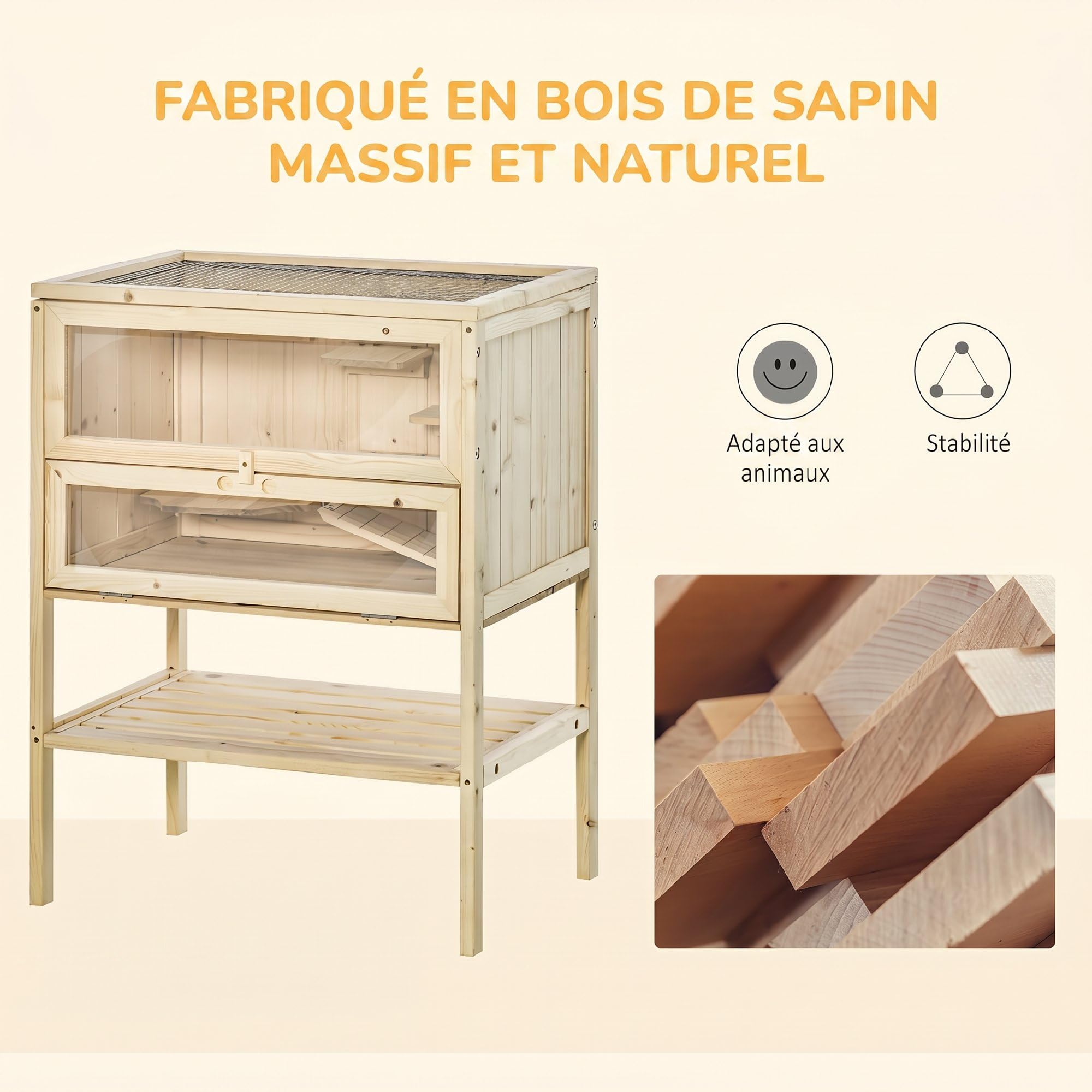PawHut Cage Hamster en Bois 3 Niveaux, Habitat pour Rongeur 60x40x80cm