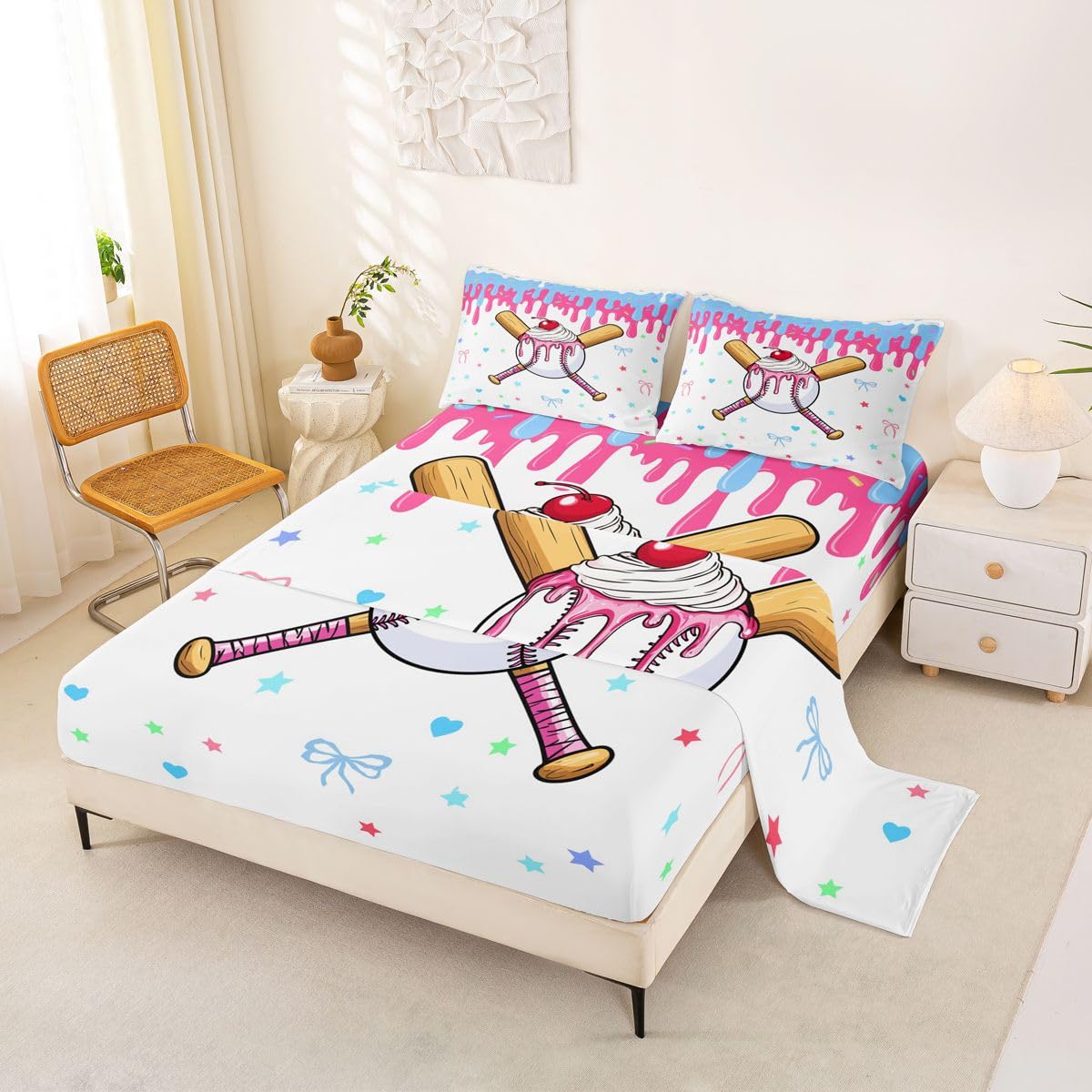 Castle Fairy Baseball Cream Bed Sheets Queen Size,Ball Gaming Sweet Bowknot Bedding Set, Cute Sport Style Boys Girls Room Decor,Pink Bule White Sheet(Fitted+Flat+2 Pillowcases)