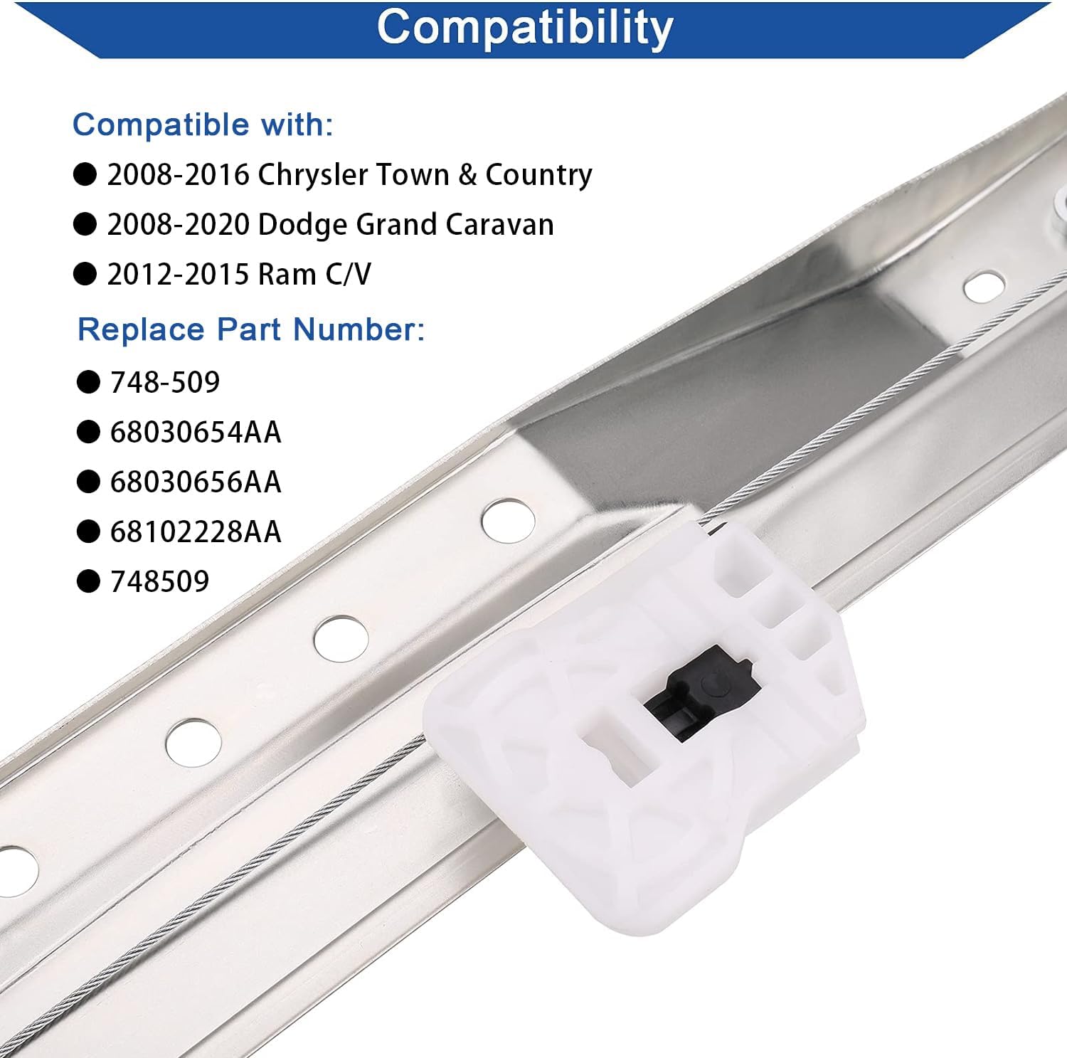 Obaee Window Regulator with Motor Front Right Passenger Side, OE 748-509 | Compatible with Dodge Grand Caravan 2008-2020, Chrysler Town & Country 2008-2016, Ram C/V 2012-2015