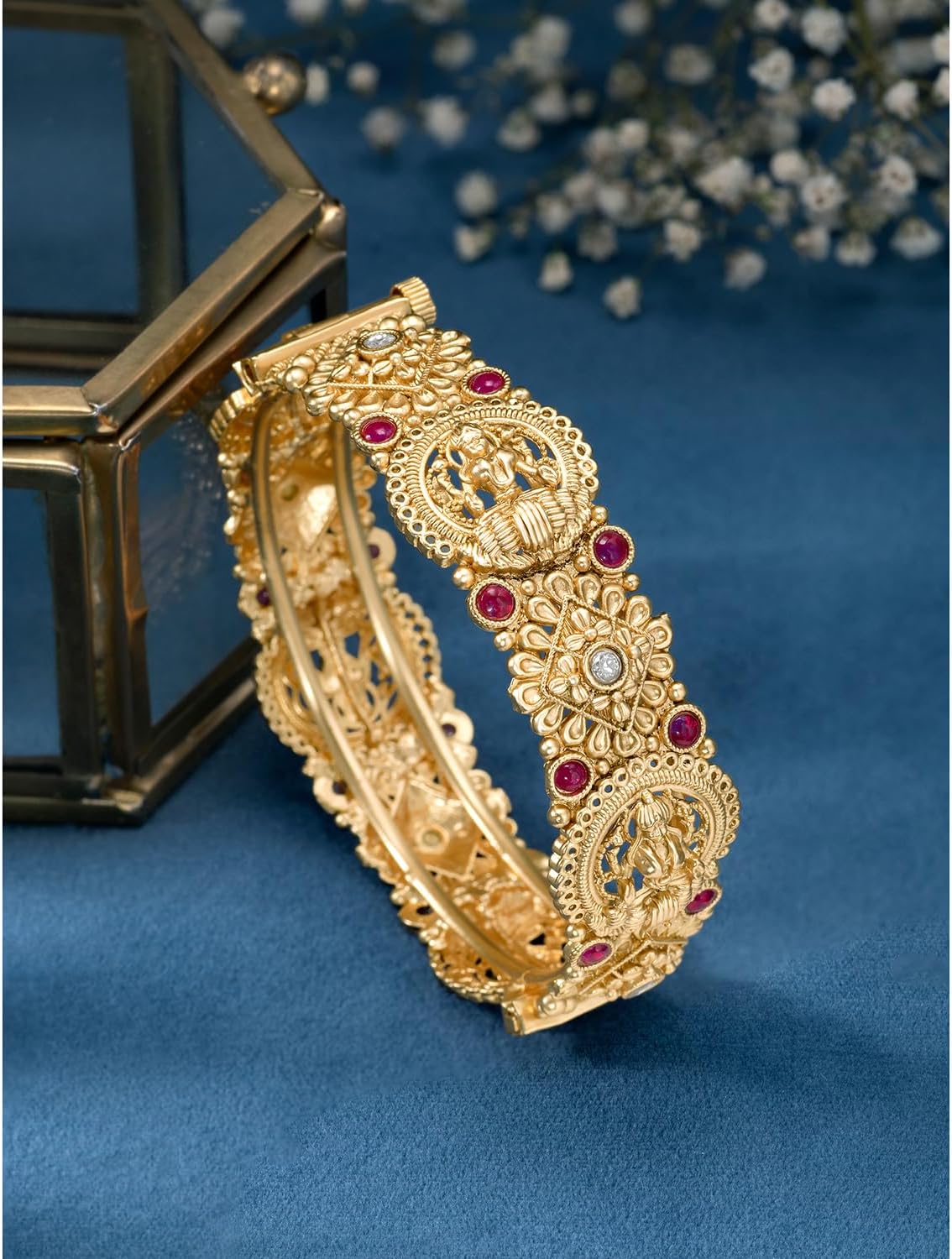 Aheli Gold Plated Goddess Laxmi Thick Synthetic Stone Studded Single Piece Openable Kada Bangle Antique Jewellery Gift for Women