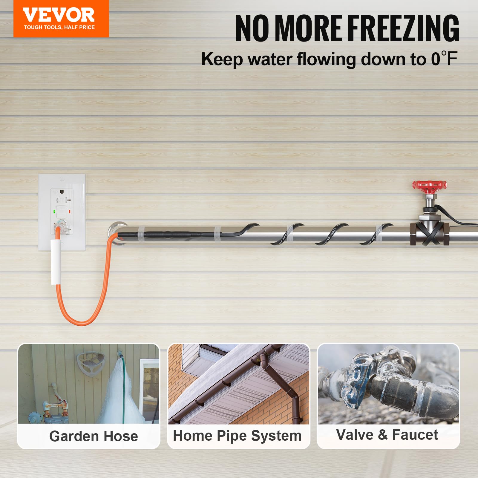 VEVOR Rohrheizkabel Selbstregulierend 15m 5W/Fuß Heizband für Rohre Frostschutz Wasserleitung Wärmekabel mit integriertem Thermostat