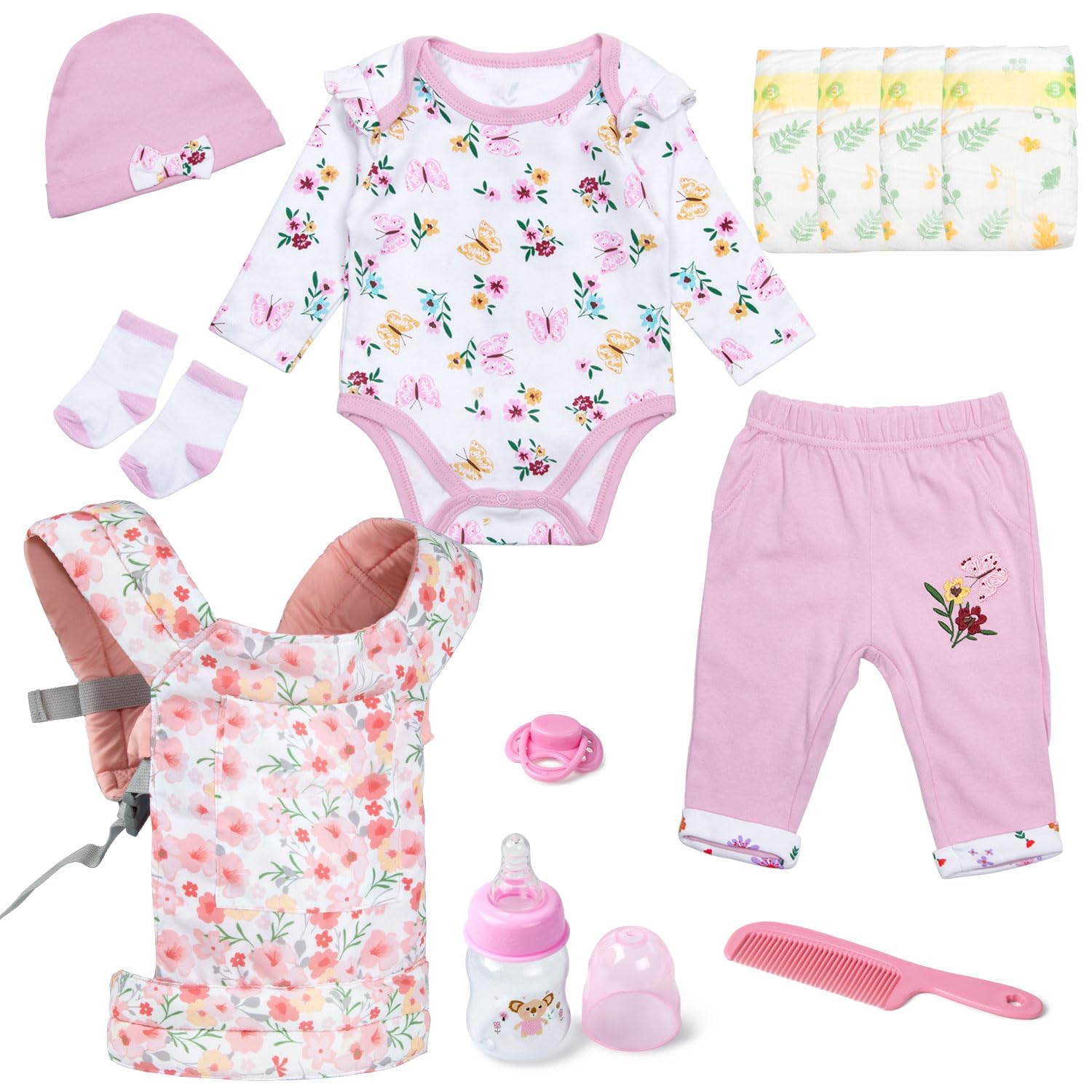 Accessori per bambole Reborn con trasportino per babydoll da 43-50-55 cm, 12 pezzi accessori realistici per ragazze, portabottiglie floreale per bambole e accessori per l'alimentazione