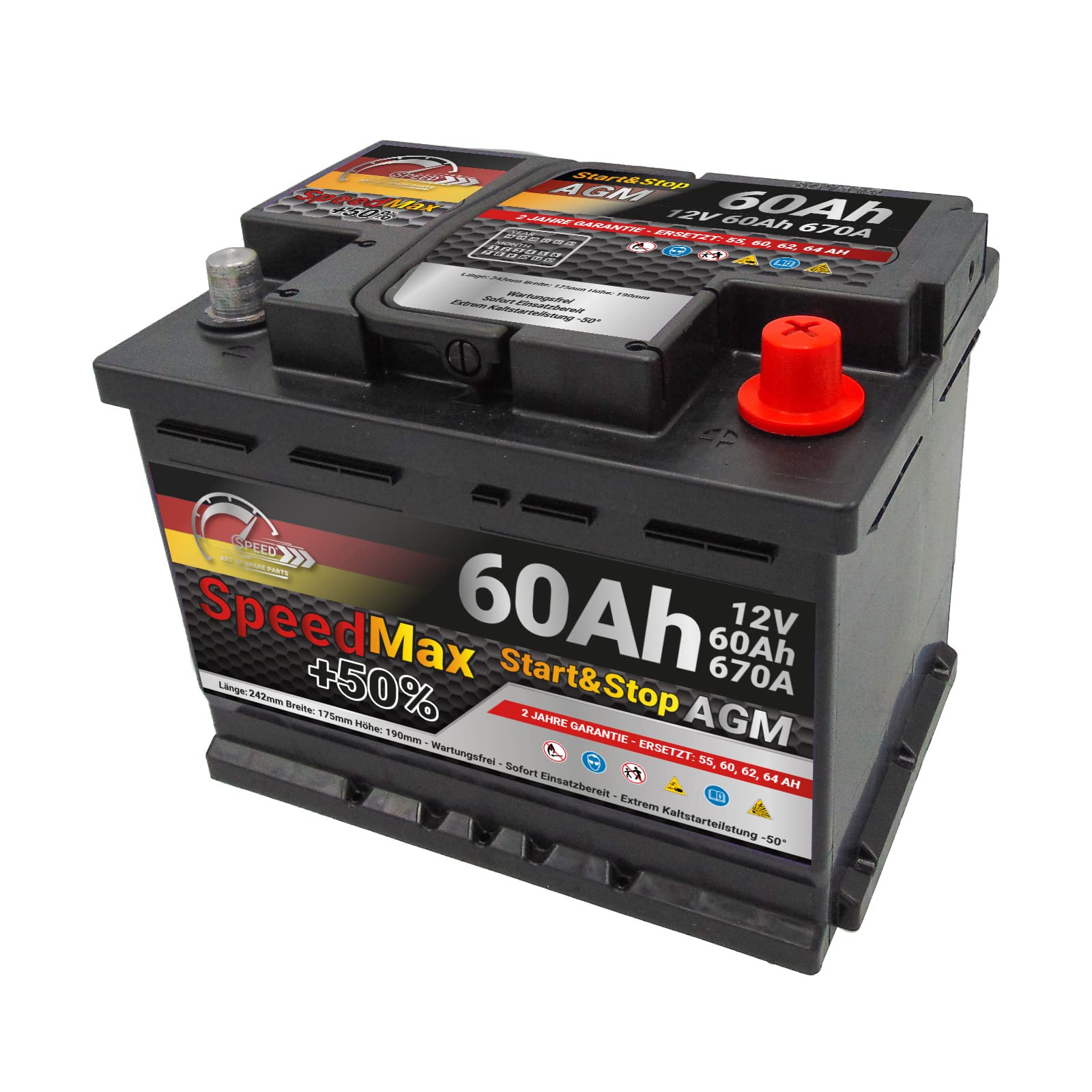 Batteria per auto Speed Max 60 Ah Tecnologia AGM 670A, adatto per veicoli con sistema Start Stop | adatto per veicoli con sistema Start Stop