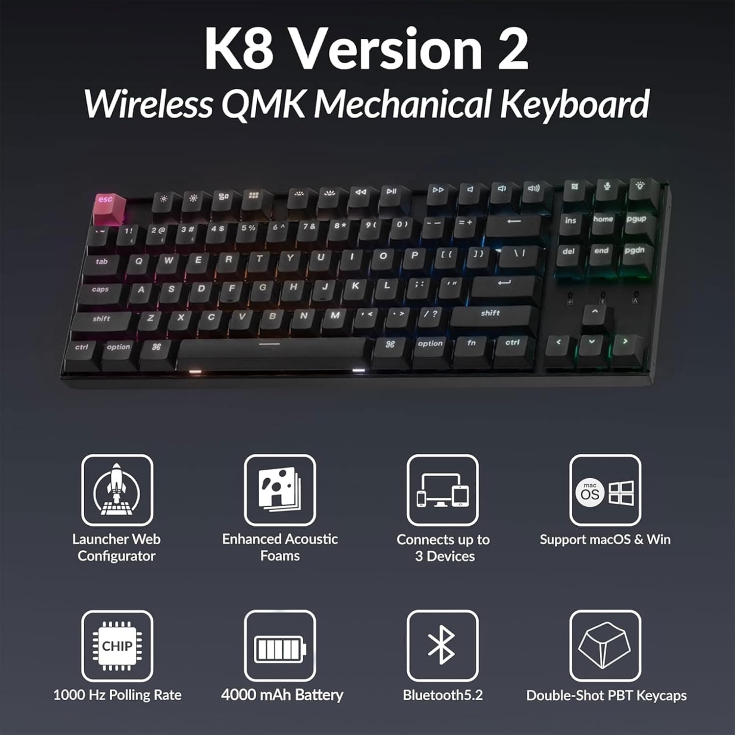 Keychron K8 Version 2 TKL Custom Wireless Mechanical Keyboard, QMK Programmable Bluetooth 5.2/Wired, RGB Backlit with Shine-Through PBT Keycaps, Super Red Switch for Mac Windows Linux