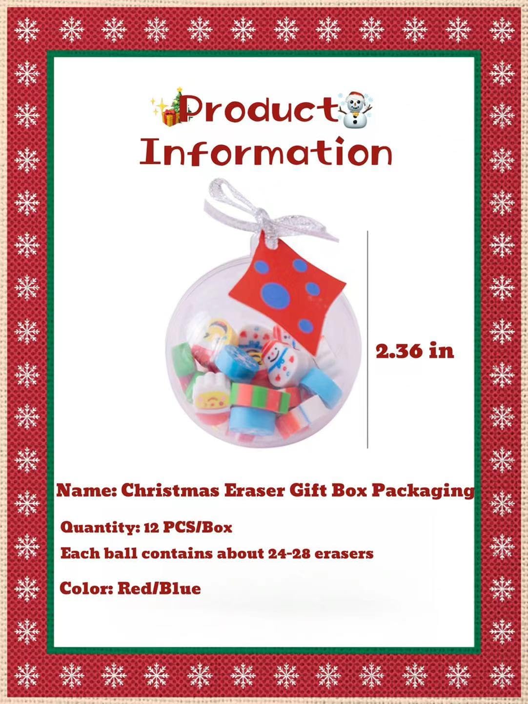 Cute Christmas Eraser 12 Balls, 1 Box Stocking Stuffers Cute Small Erasers Bulk for Xmas Party Favors Snow Christmas Tree Desk Decoration Accessory Pencil Erasers Nice Gift (Blue)
