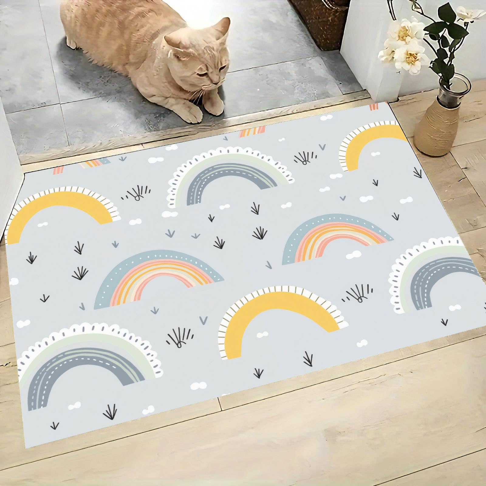 Felpudo Entrada Casa, 80x120cm Alfombra de Puerta Arcoíris Tapetes de Interior Estilo Escandinavo Antideslizante para Decorativo Dormitorios y Zonas Entrada Cuartos, Azul Grisáceo
