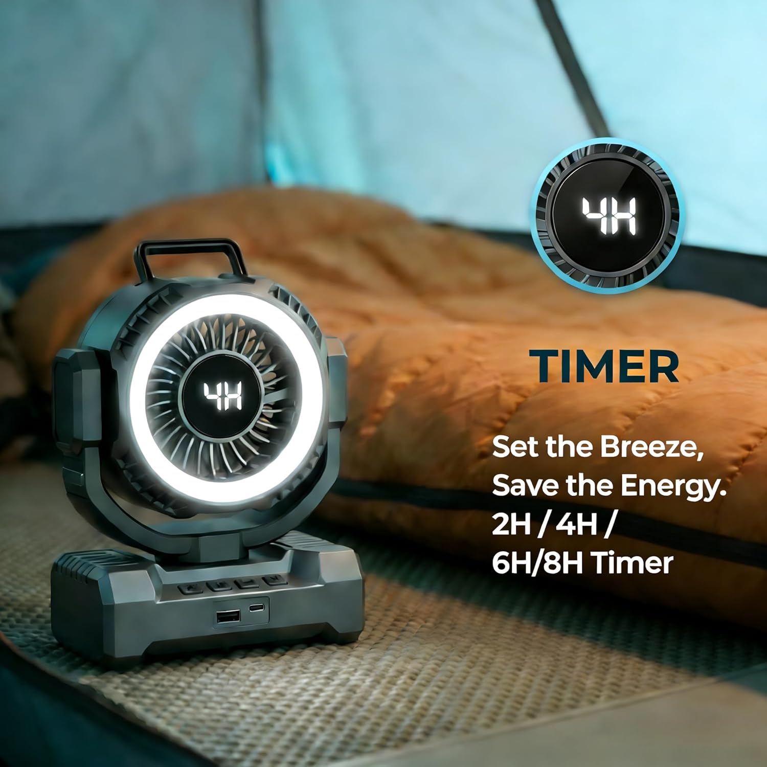 Portable Camping Fan Rechargeable,Tent Fan with LED Light, 180° Oscillation & Foldable Hook, Timing Function, Camping Gear for Indoor,Outdoor, Tent,Travel, Fishing Jobsit