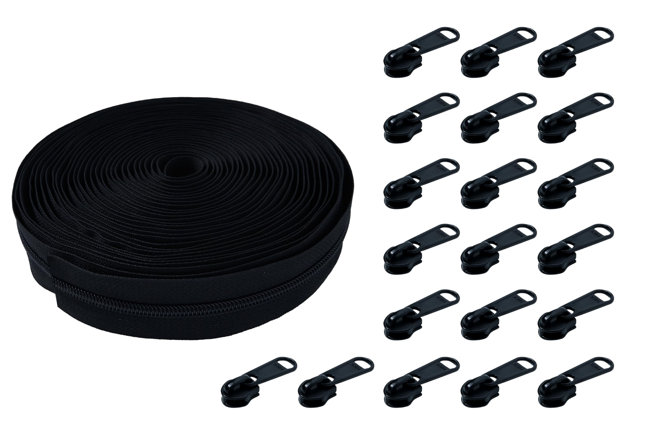 HKK Zipper by The Yard with pulls #10, 10 Yards for Repairs & Replacements – Includes 20 Sliders Nonlock, Ideal for Heavy-Duty Sewing Upholstery, Tents & Outdoor Gear (Black Color)