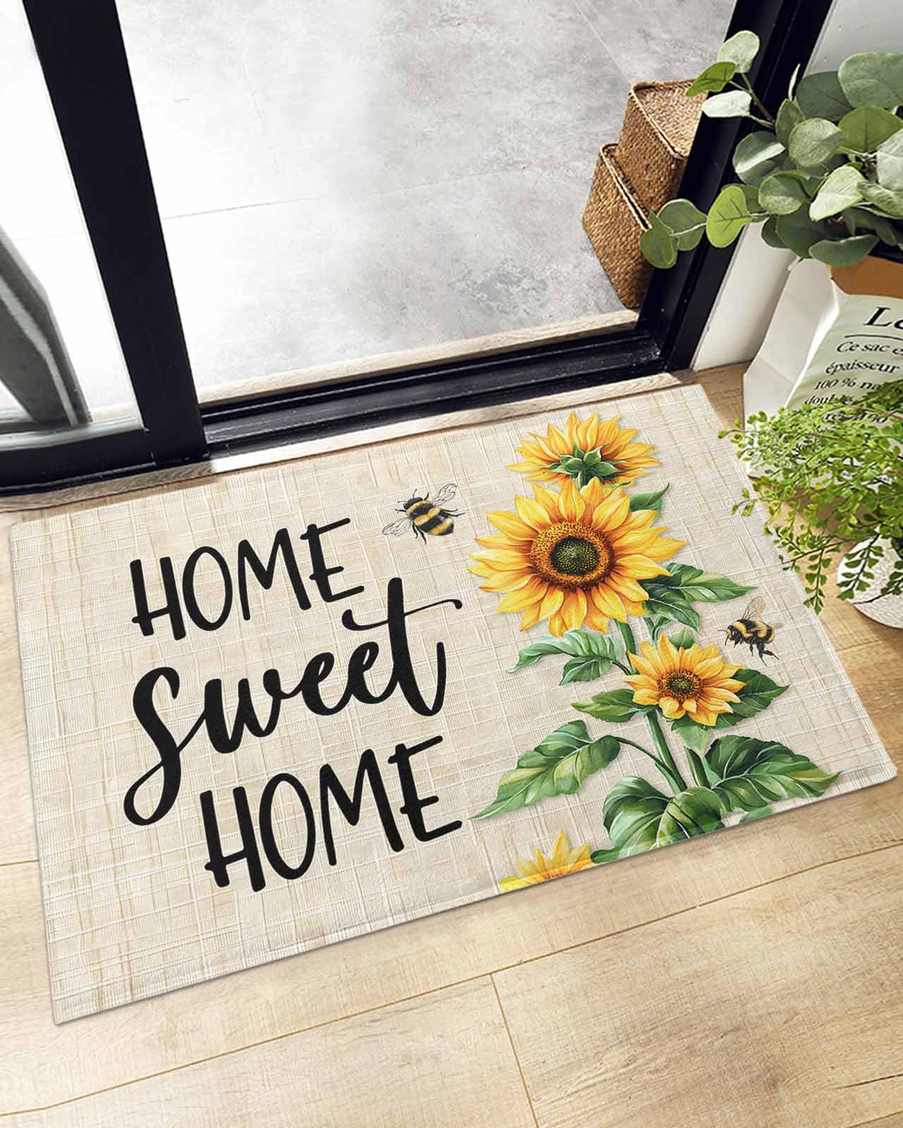 Indoor Doormat Vintage Watercolor Sunflower Bee on Linen,Shaggy Floor Mat with Non-Skid Backing Summer Floral Leaf,Machine Washable Plush Area Rug Carpets for Kitchen Nursery Bedroom