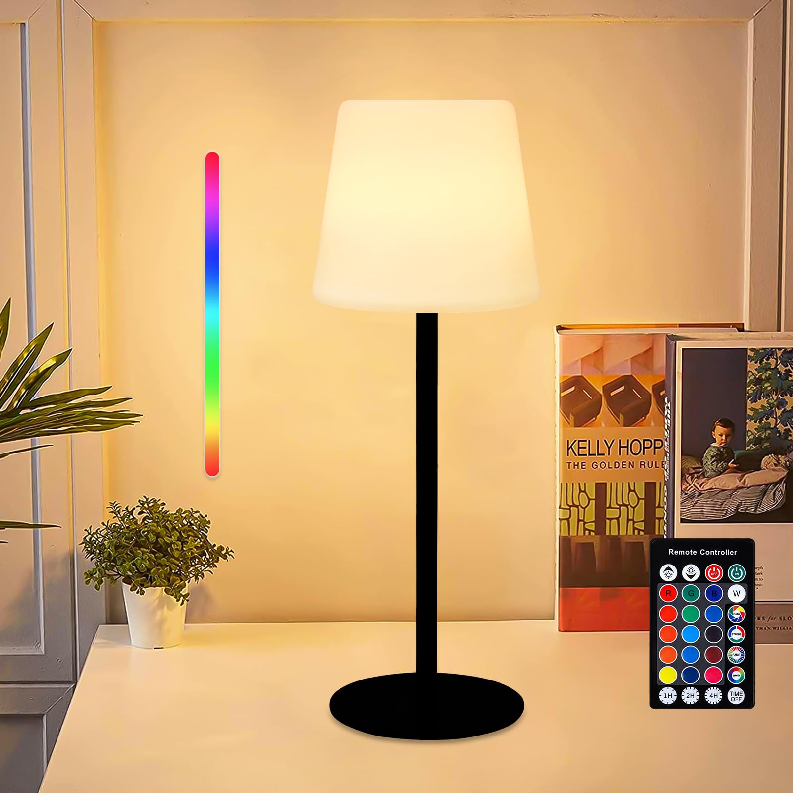 BUOAZR Lámpara de Mesa Inalámbrica, Lámpara de Mesa LED Recargable de 2000mAh, 16 Colores Lámpara de Mesa Regulable, Lamparas de Mesita de Nochecon Control Remoto, Apta Dormitorio, Restaurante, Jardin