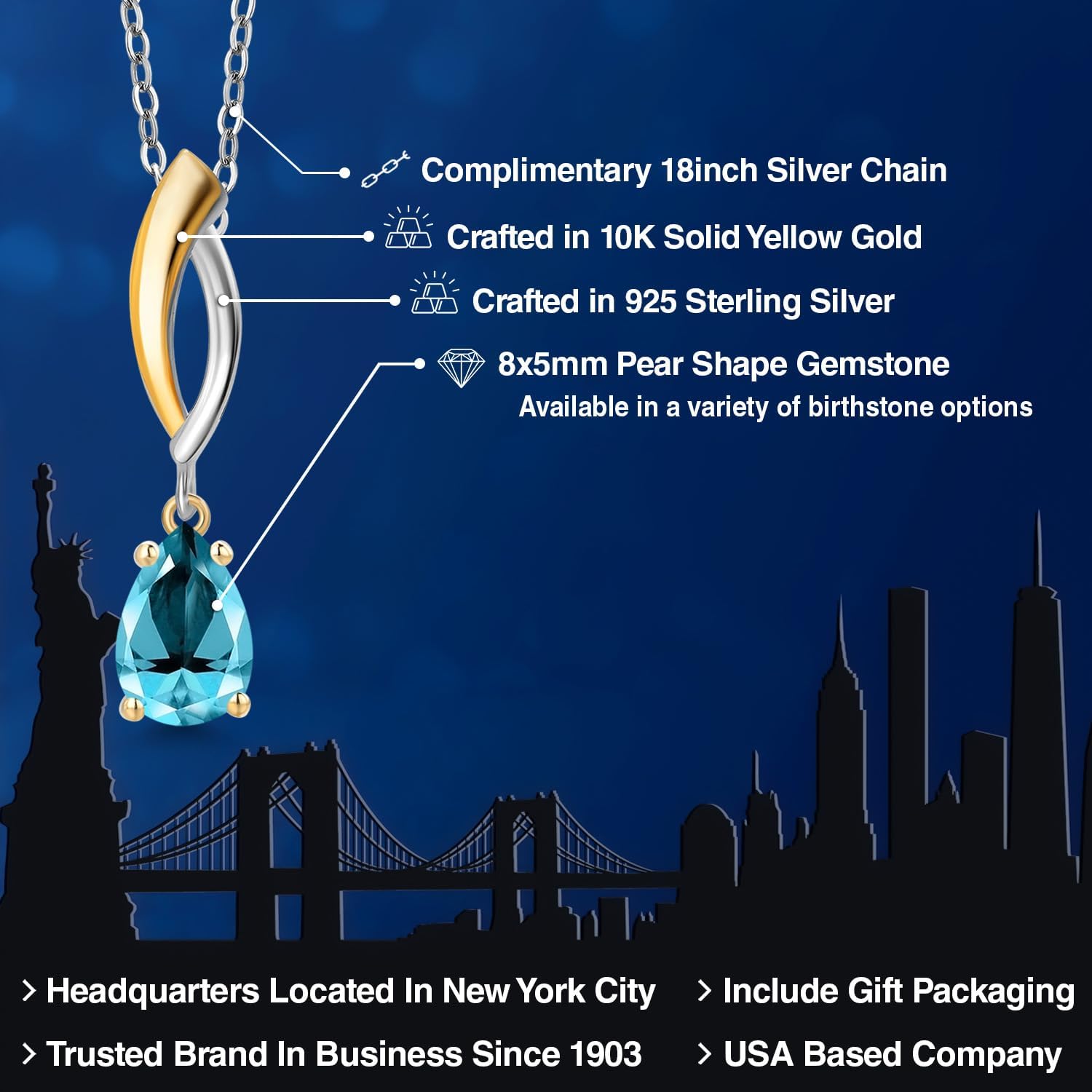Gem Stone King 925 Silver and 10K Yellow Gold Paraiba Topaz Pendant Necklace for Women | 1.00 Cttw | Gemstone November Birthstone | Pear Shape 8X5MM | With 18 Inch Silver Chain - Image 2