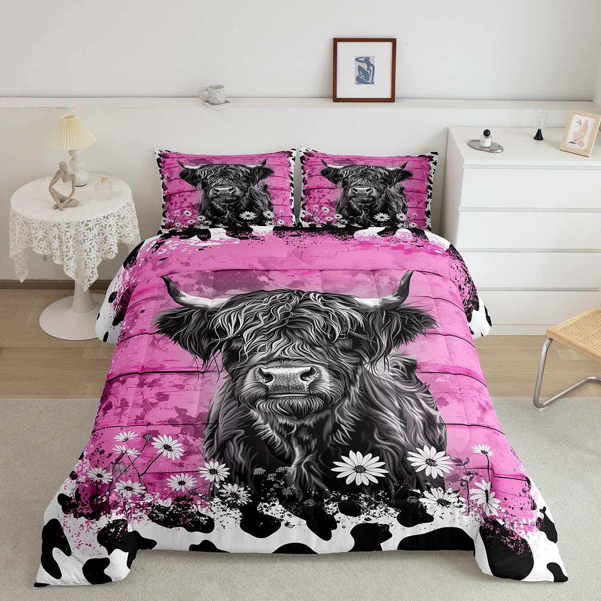 Erosebridal Highland Cow Twin Bedding Set,Pink Floral Cow Print Comforter Set for Kids Teen Girls,Western Cowgirl Farmhouse Bed Set Longhorn Bull Cattle Bedding Comforter Sets,1 Pillowcase