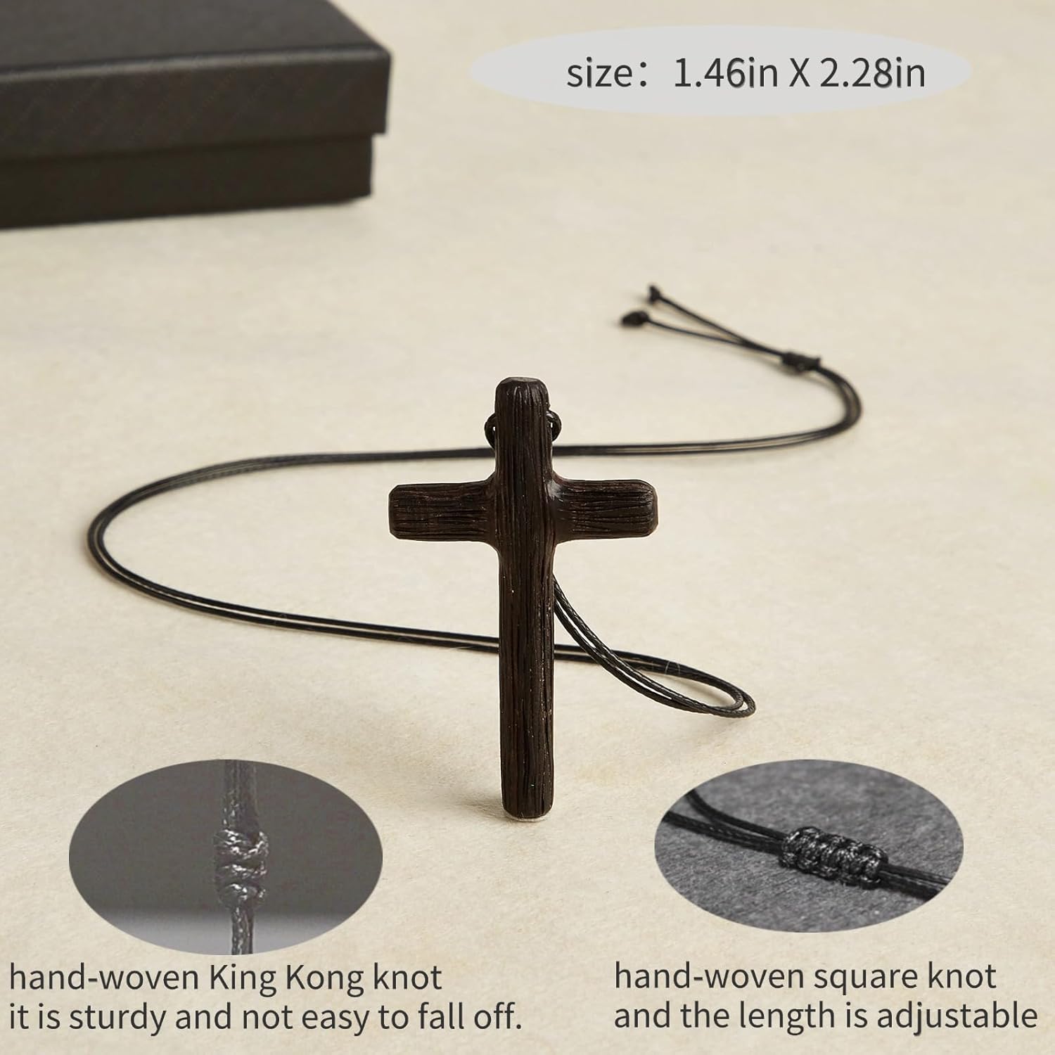Men's Wooden Cross Necklaces Real Handcrafted Ebony Wood Cross Pendants With Leather Necklace Men's Black Cross Necklaces Christian Baptism Crucifix Pendant for Men （Integrated Wood Grain） - Image 4