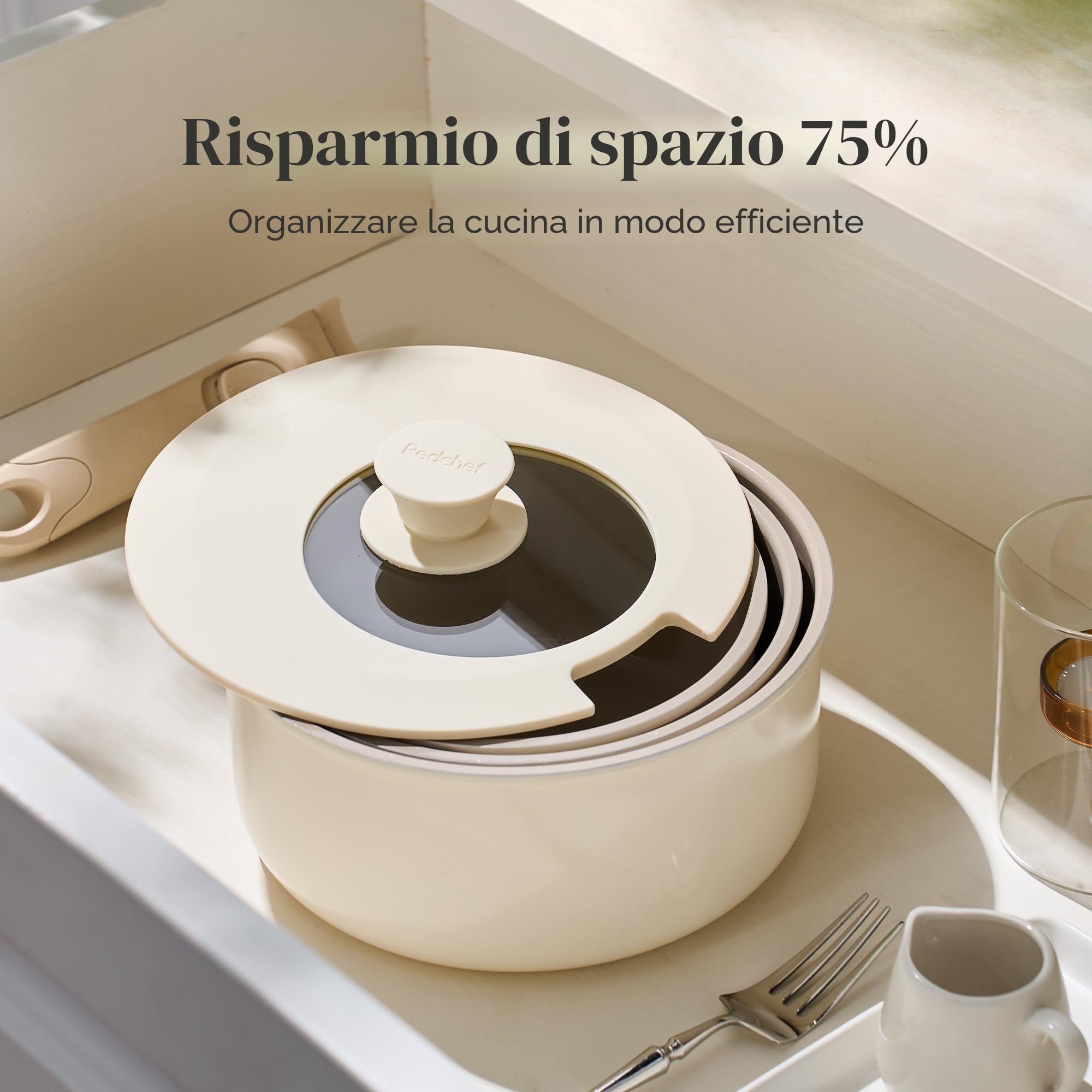 Redchef Set di Pentole Ceramica e Casseruola con manici rimovibili, pentole antiaderenti 16/18/20cm, coperchio ermetico 3-in-1, compatibile con induzione e tutti i piani cottura, resistenti al forno