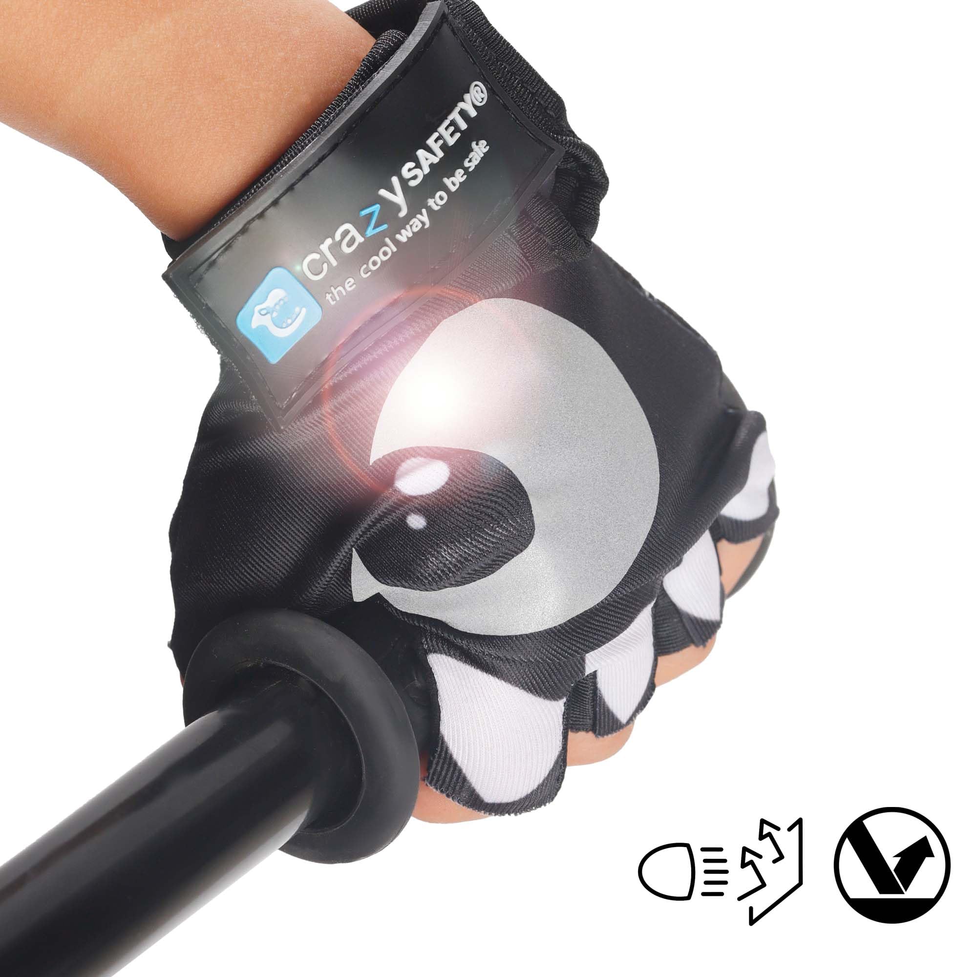 Crazy Safety Guanti bici neri bambini | Occhi riflettenti e protezione palmo imbottito | Taglia S | Ideali per ciclismo, monopattini e attività all'aperto