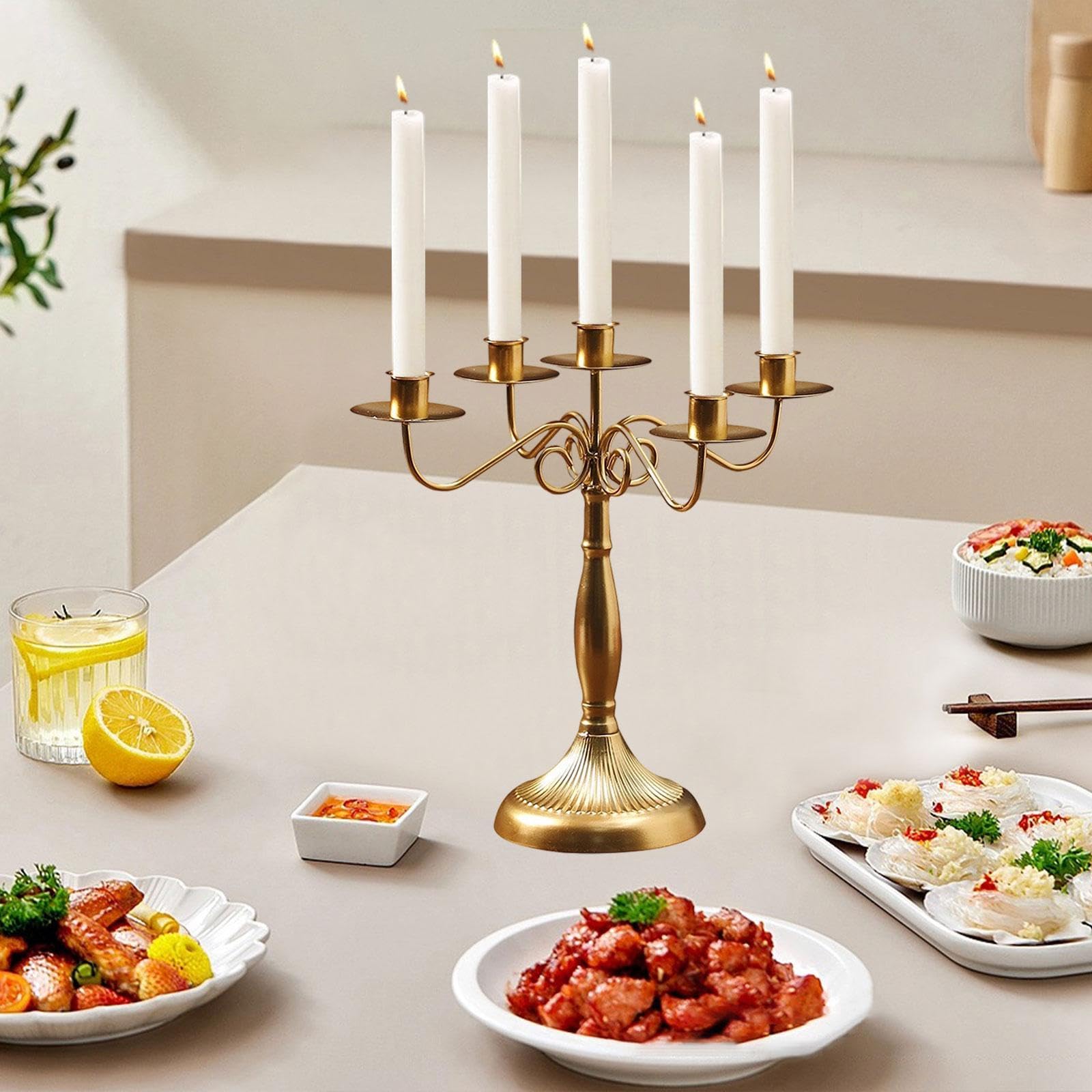Fenteer Candelabro de Varios Brazos, candelabro cónico, para Sala de Estar, Oro con 5 Brazos