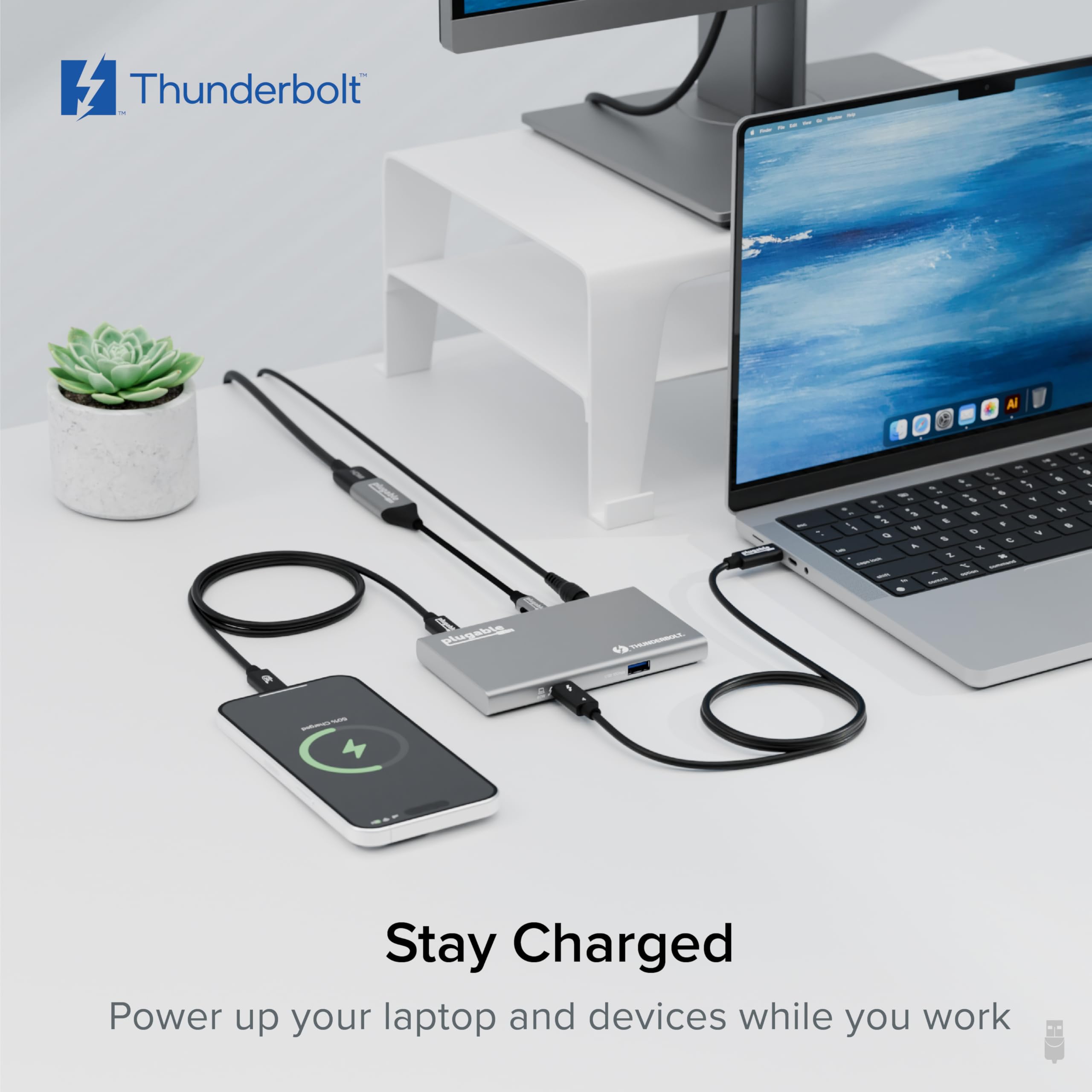 Plugable Hub USB 4, concentrador Thunderbolt 4 5 en 1 con Carga de 60 W, Pantalla única 8K o Doble 4K, Compatible con Mac y Windows, USB-C (1 Adaptador USB-C a HDMI Incluido), USB 4-HUB3A