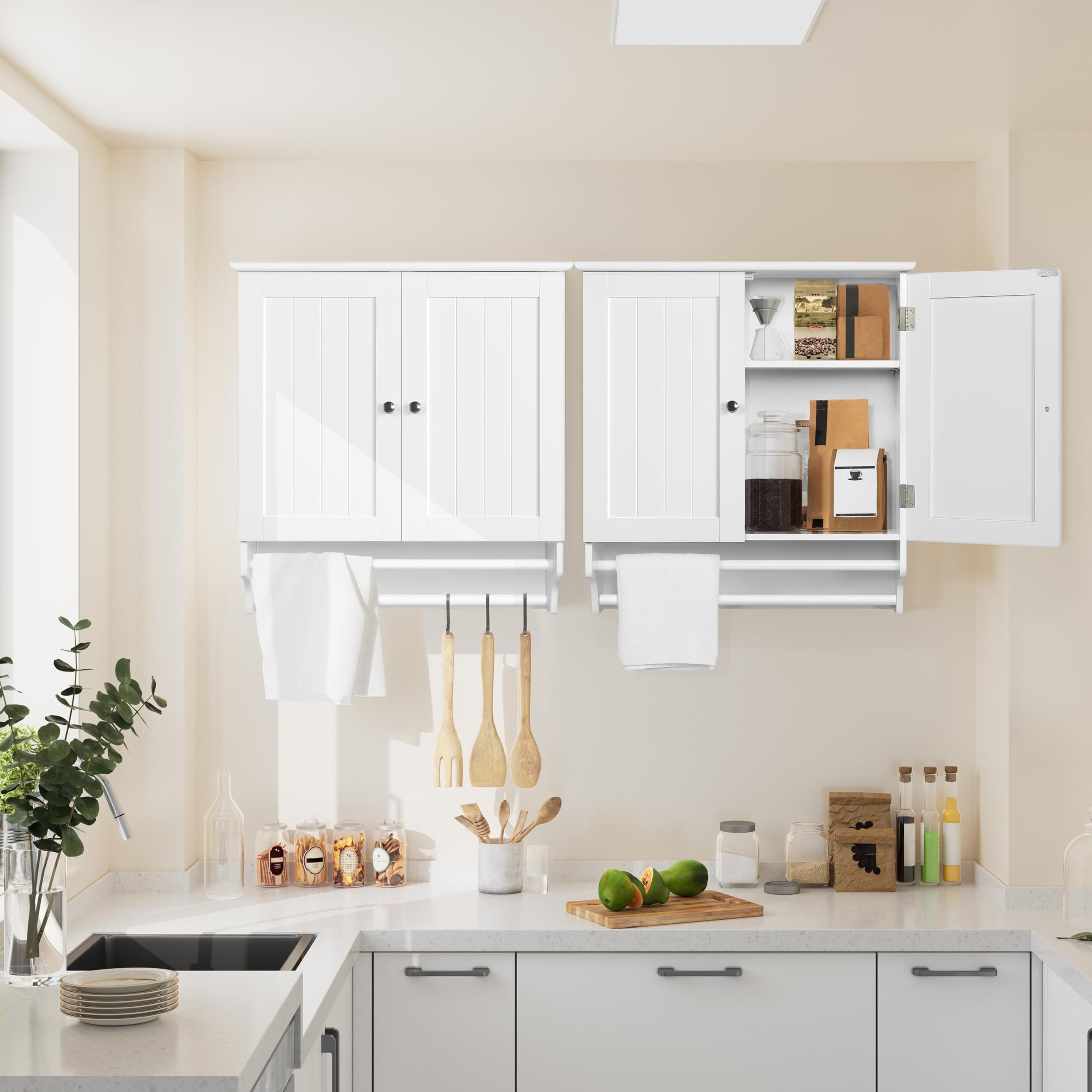 Yaheetech Armario Baño Pared Armario Cocina Colgante con Toallero 60,5x22,5x64 cm Mueble Baño Suspendido de Madera Blanco