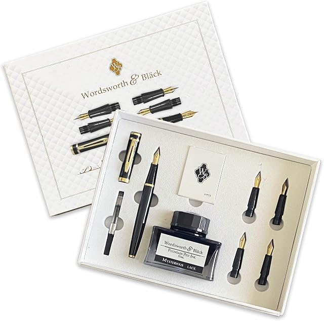 Wordsworth & Black Fountain Pen Gift Set, Includes Ink Bottle, 6 Ink Cartridges, Ink Refill Converter, 4 Replacement Nibs, Premium Package, Journaling, Calligraphy, Smooth Writing Pens [Black Gold]