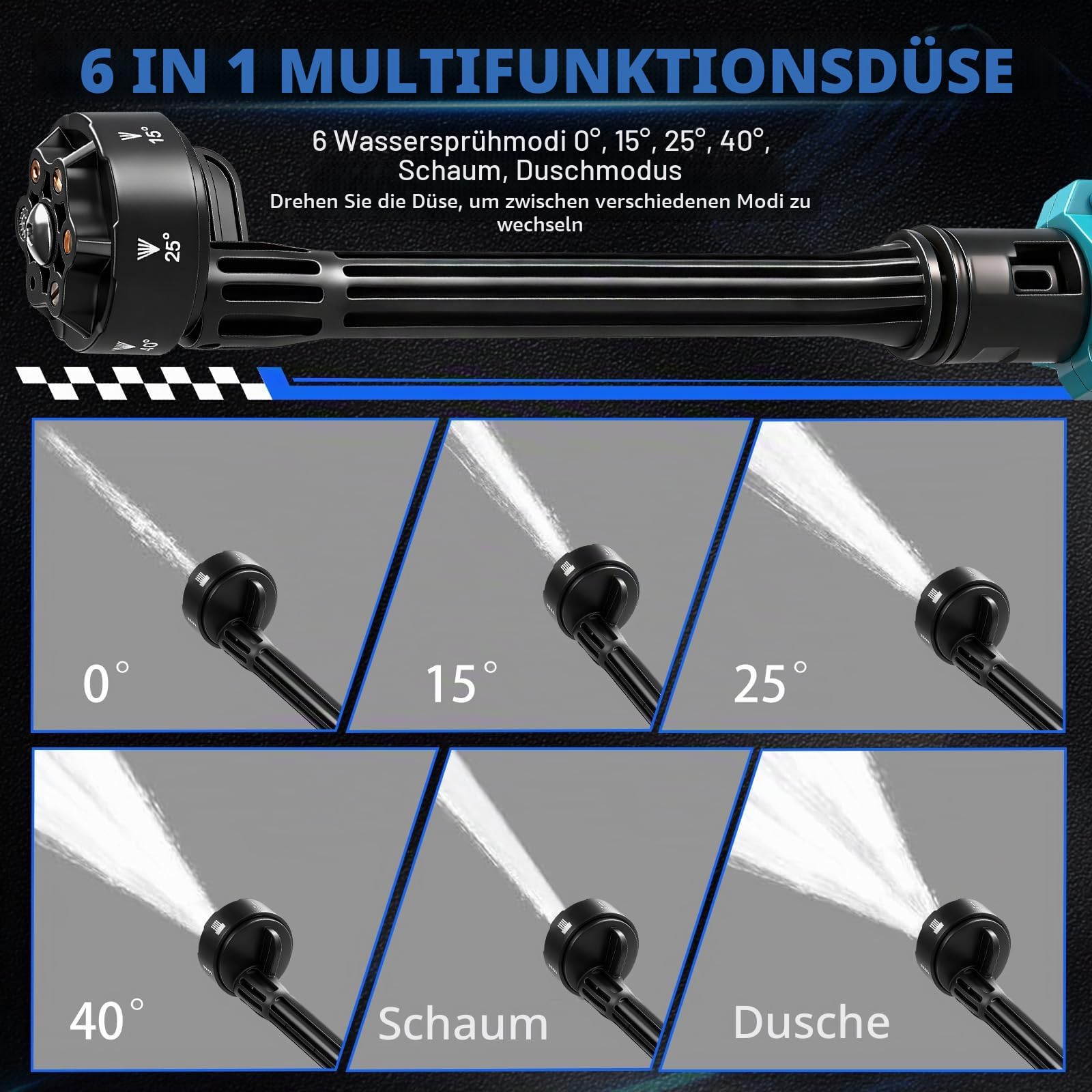 Kabelloser Akku Hochdruckreiniger für Auto 80Bar 6-in-1 Düse