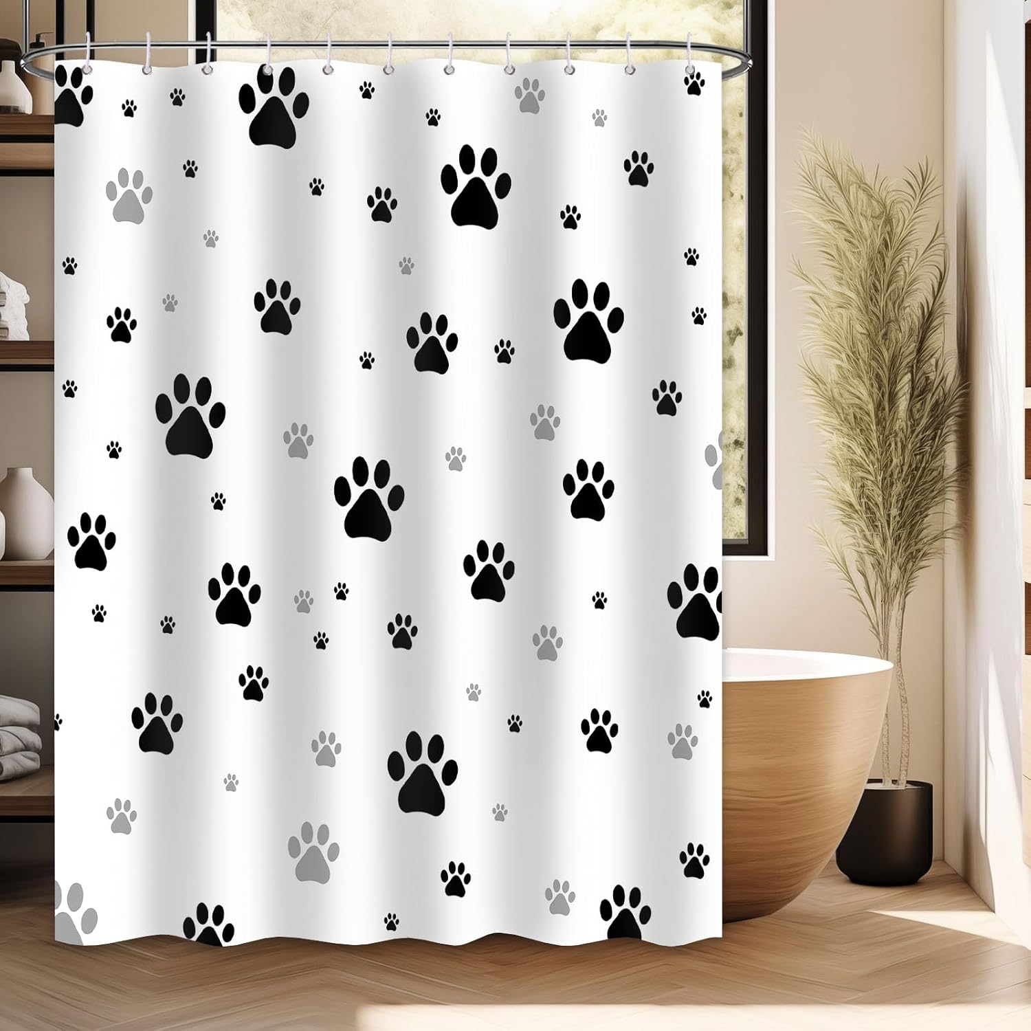 Paw Print Shower Curtain Dog Cat Black and White Funny Kids Bathroom Decor, Waterproof Cloth Fabric with Hooks (70" W X 84" L)