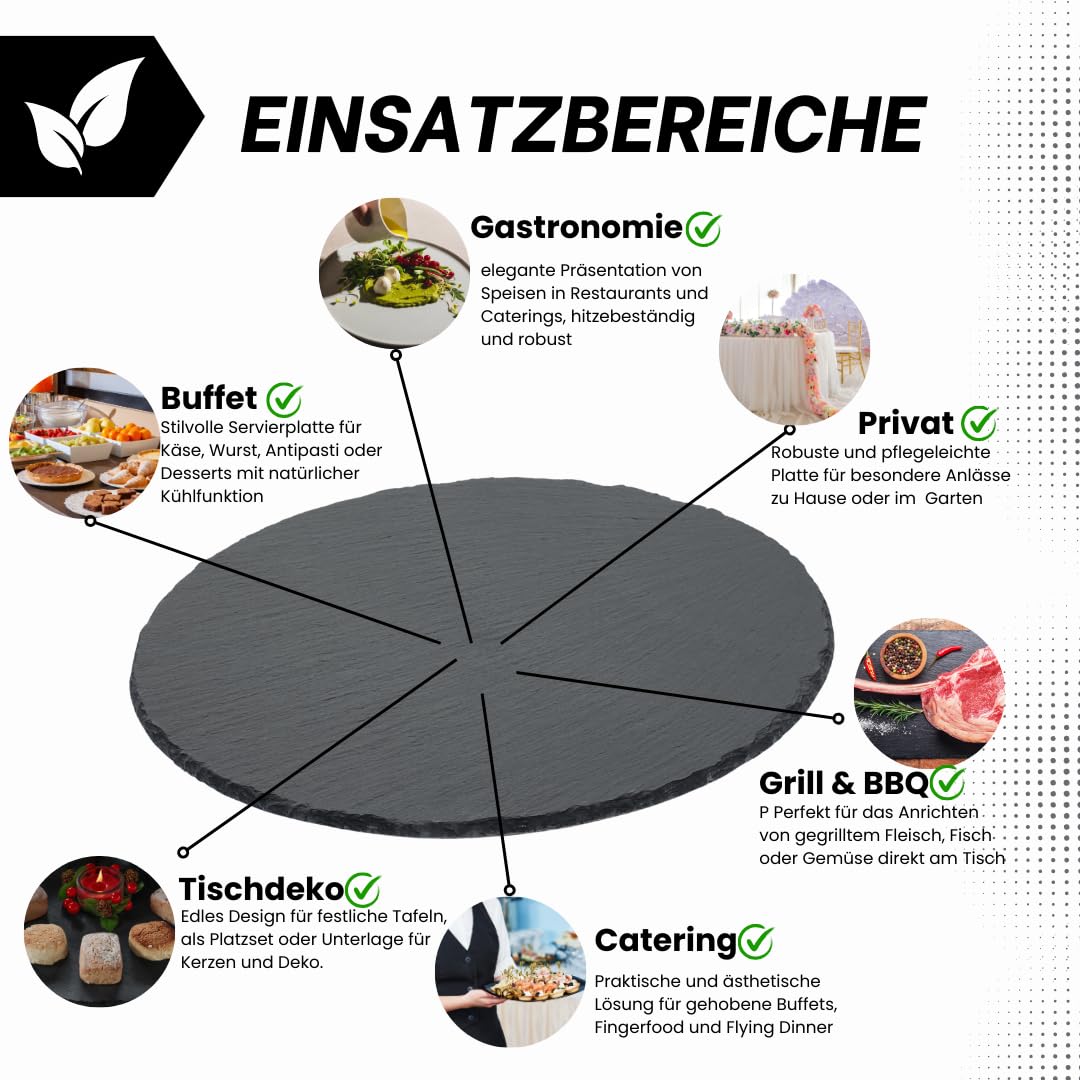 4-er Set Naturschieferplatte rund Ø 38 cm – Hochwertige Schieferplatte für stilvolles Anrichten & Servieren – Robust & elegant