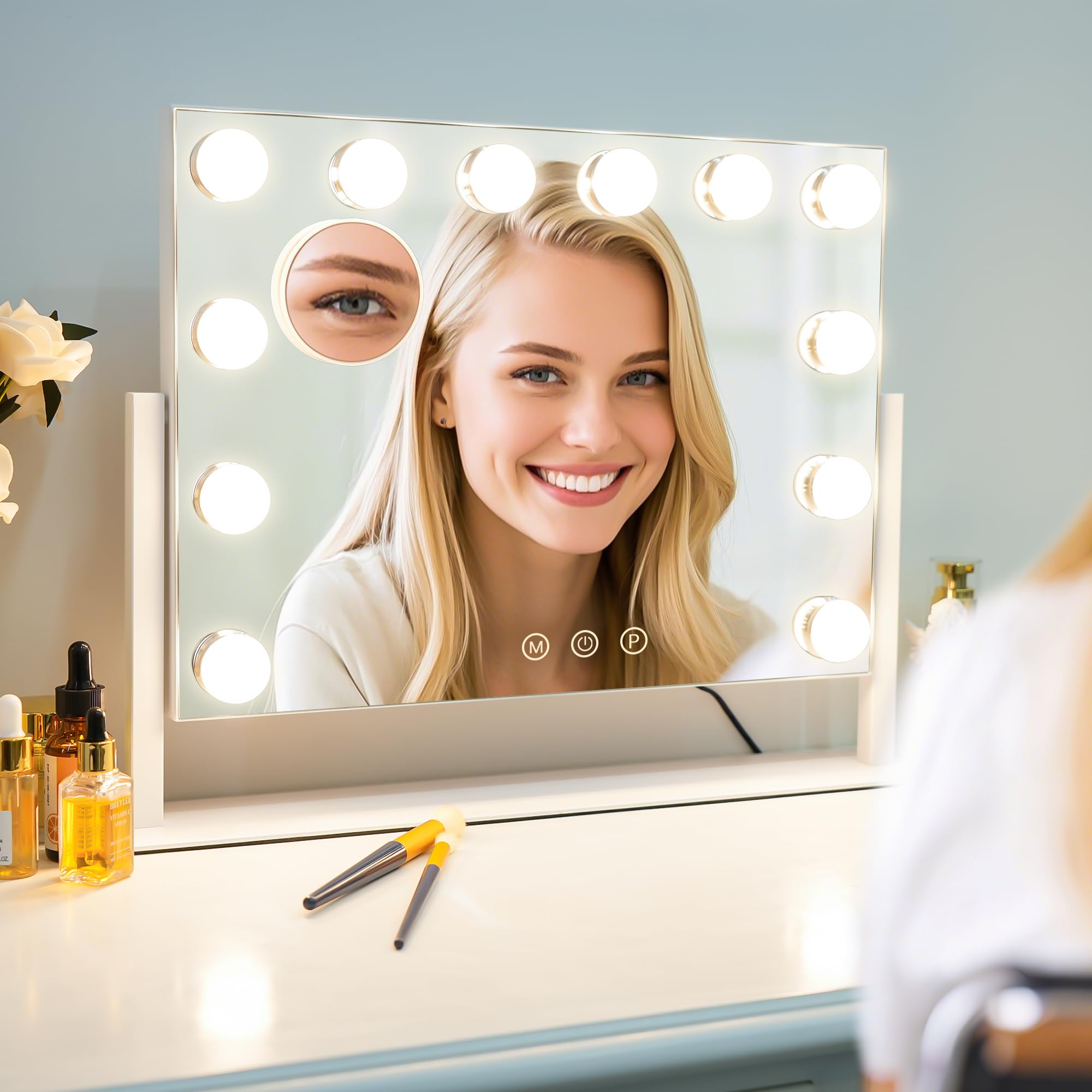 Sucedey Espejo de tocador, Espejo de Maquillaje Hollywood con 12 Bombillas, 3 Modos de Color y Brillo Ajustable, Control táctil, Espejo de Zoom Desmontable de 10X (Blanco)