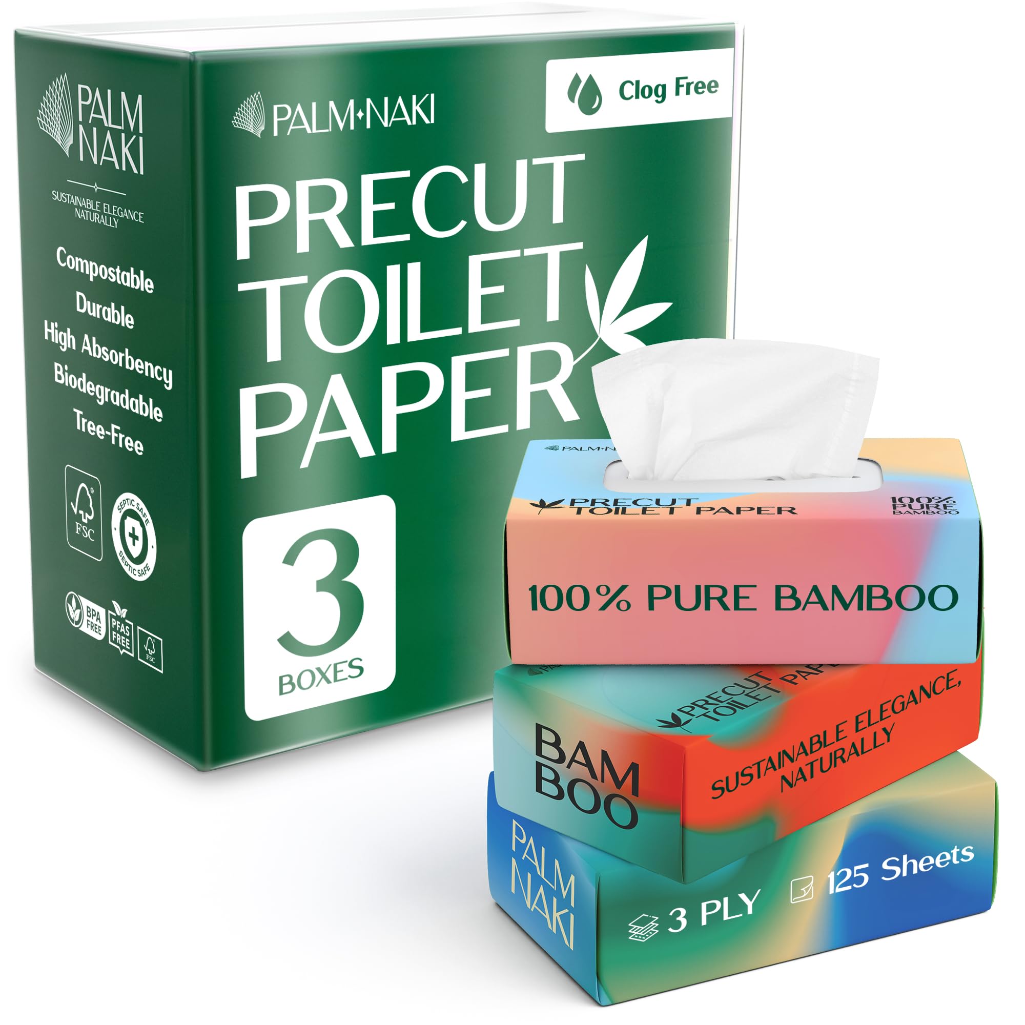 Palm Naki Papel higiénico precortado en caja, 100 % bambú, 3 capas, 125 hojas por caja, paquete de 3, papel higiénico de disolución rápida, apto para sépticos en formato de pañuelos faciales para