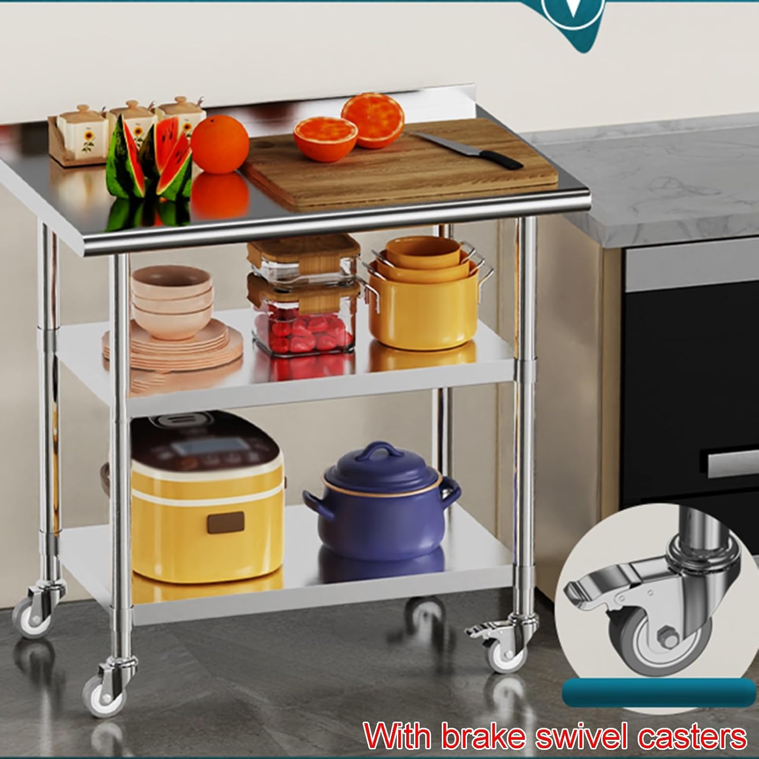 Thickened Stainless Steel Work Table Commercial Kitchen Cutting Board Preparation Table with Guard Rail Wheeled Cutting Table