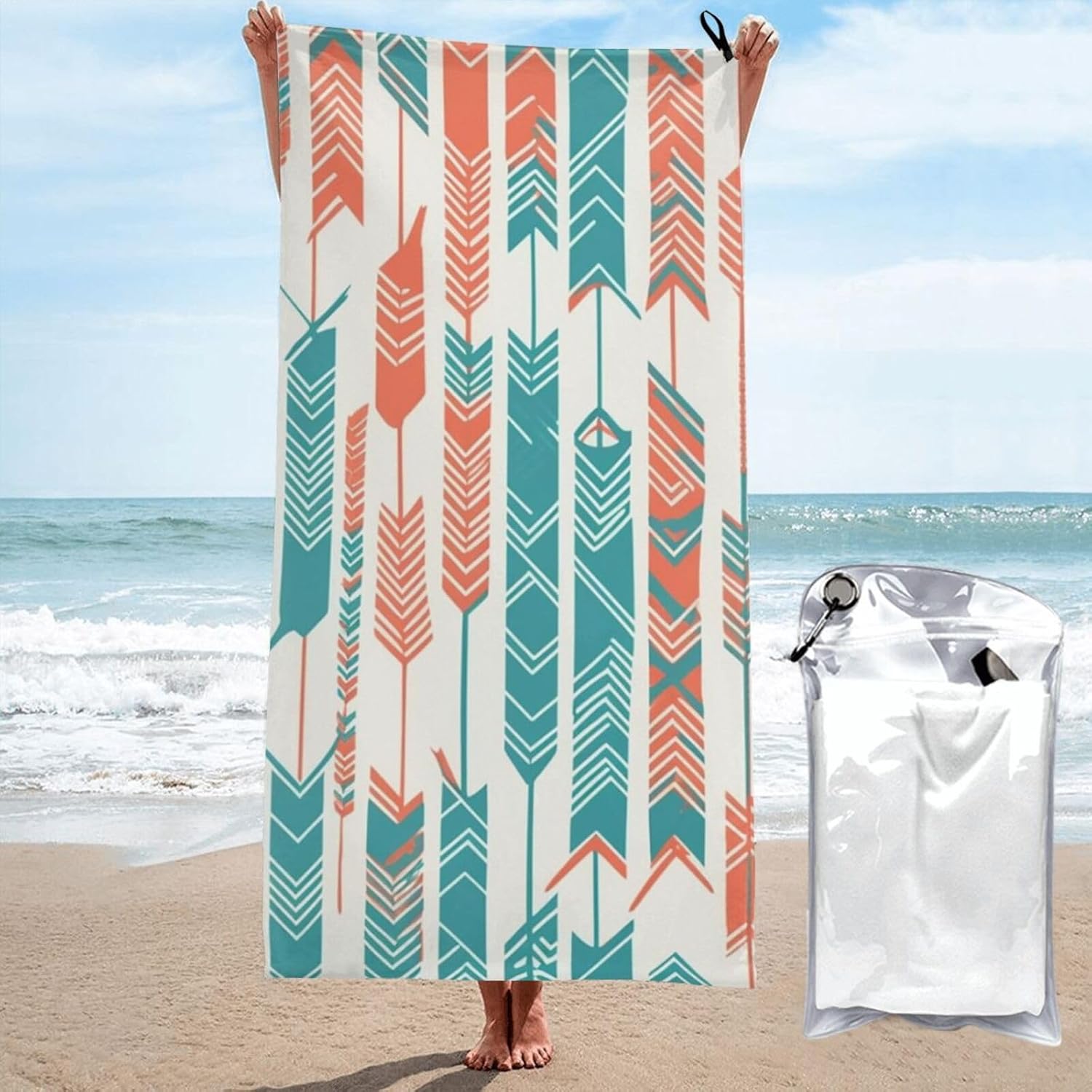 KHiry Microfiber Towel Beach Towels Coral and Teal Arrows Quick Dry Towel Soft Lightweight Travel Towels Absorbent Large Easy Pack Travel Things Beach Blanket for Gym Sports Swimming