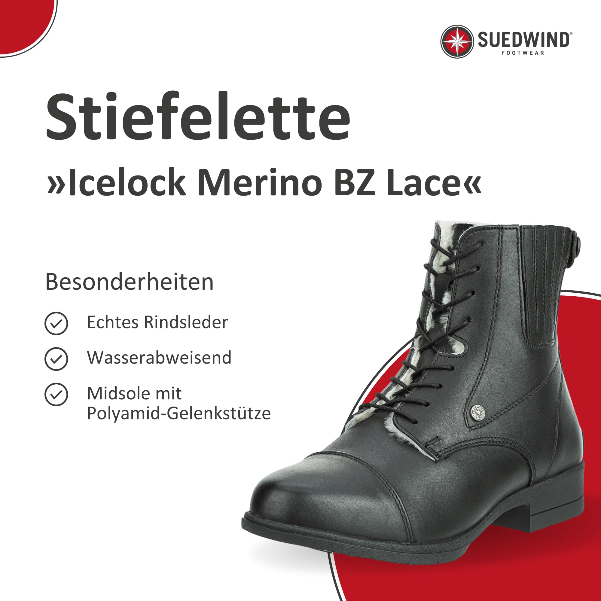 SUEDWIND© Stiefelette »ICELOCK MERINO BZ LACE« mit Reißverschluss | Winter Boots | Echt-Leder | Reitschuh mit MERINO | Icelock© Sohle | Wasserabweisend | Tolle Passform | Gr. 37-43 | Schwarz, Braun