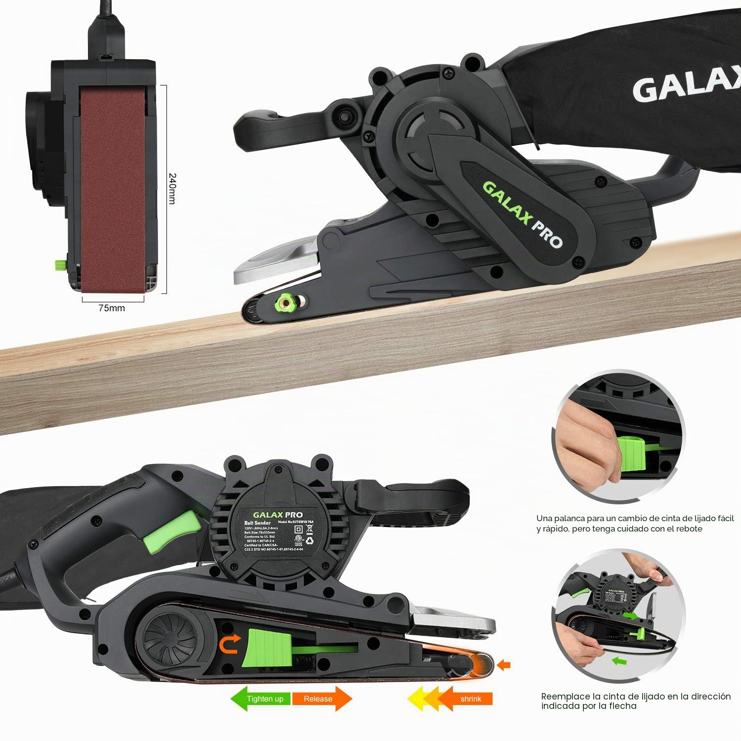 GALAX PRO Lijadora de banda con control de velocidad y conexión para aspiradora, incluye bolsa para el polvo y cinta abrasiva, lijadora de 1010W con superficie de lijado de 533 mmx76 mm