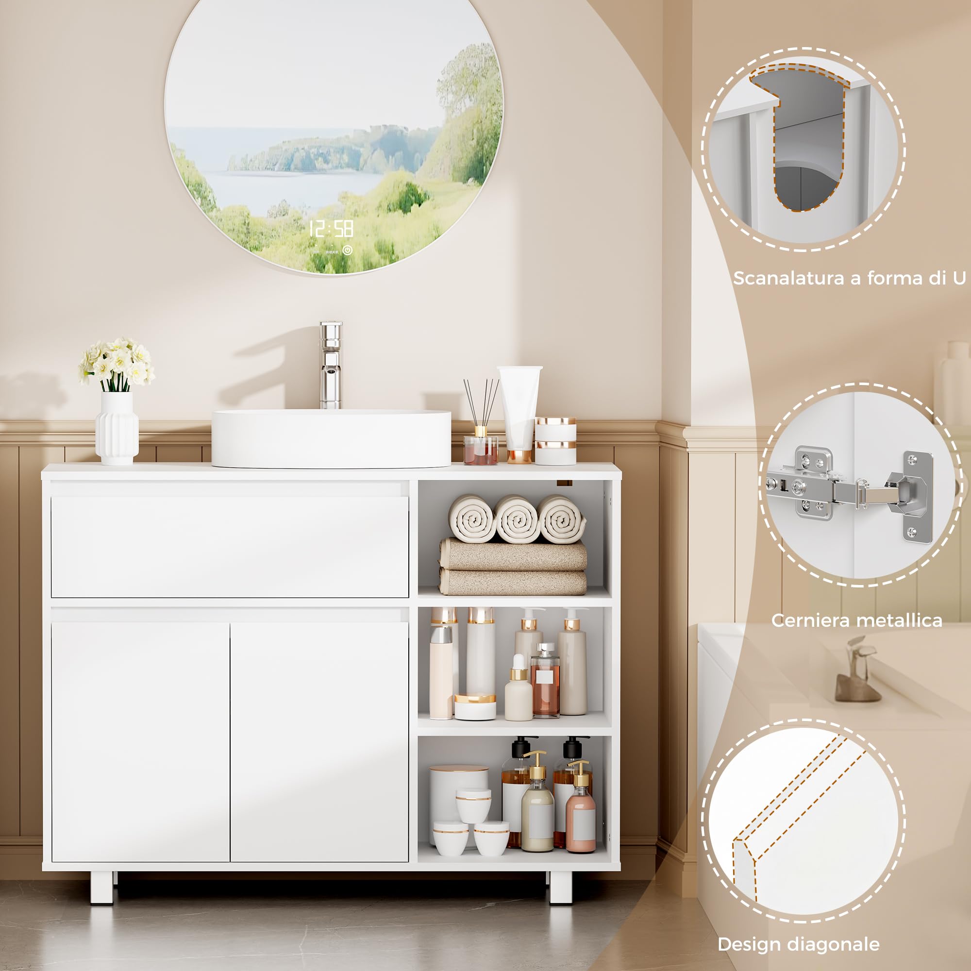 BEWISHOME Mobile Sottolavabo per Bagno,Mobile da Bagno, 1 vano Portaoggetti Nascosto, 2 Ante, 3 Ripiani Regolabili Aperti, con Gambe, 90 x 64.5 x 30 cm, Bianco EYSG02W