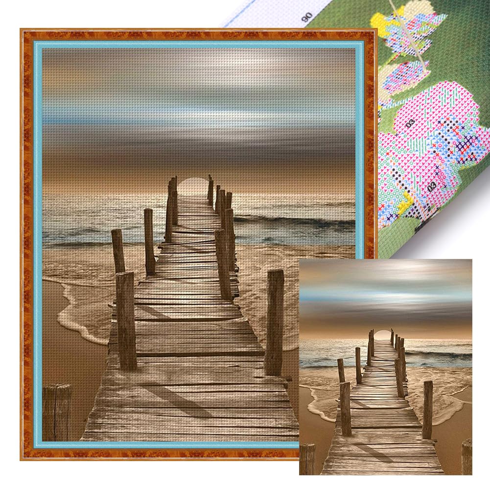 ARVALOLET Zestaw do haftowania dla początkujących, pełny haft z przędzą ekologiczną 18 ct, wzór plażowy 36 x 46 cm