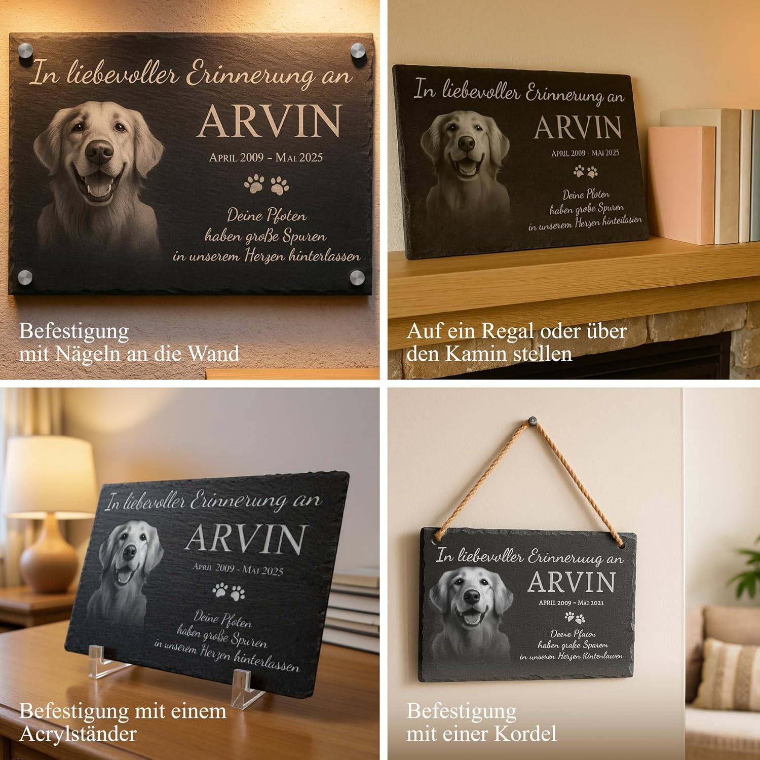 Hundegrabstein aus Schiefer – Personalisierter Grabstein für Hunde mit Foto & Gravur – Wetterfeste Gedenktafel für draußen mit Namen & Wunschtext – inkl. Pfoten-Schlüsselanhänger
