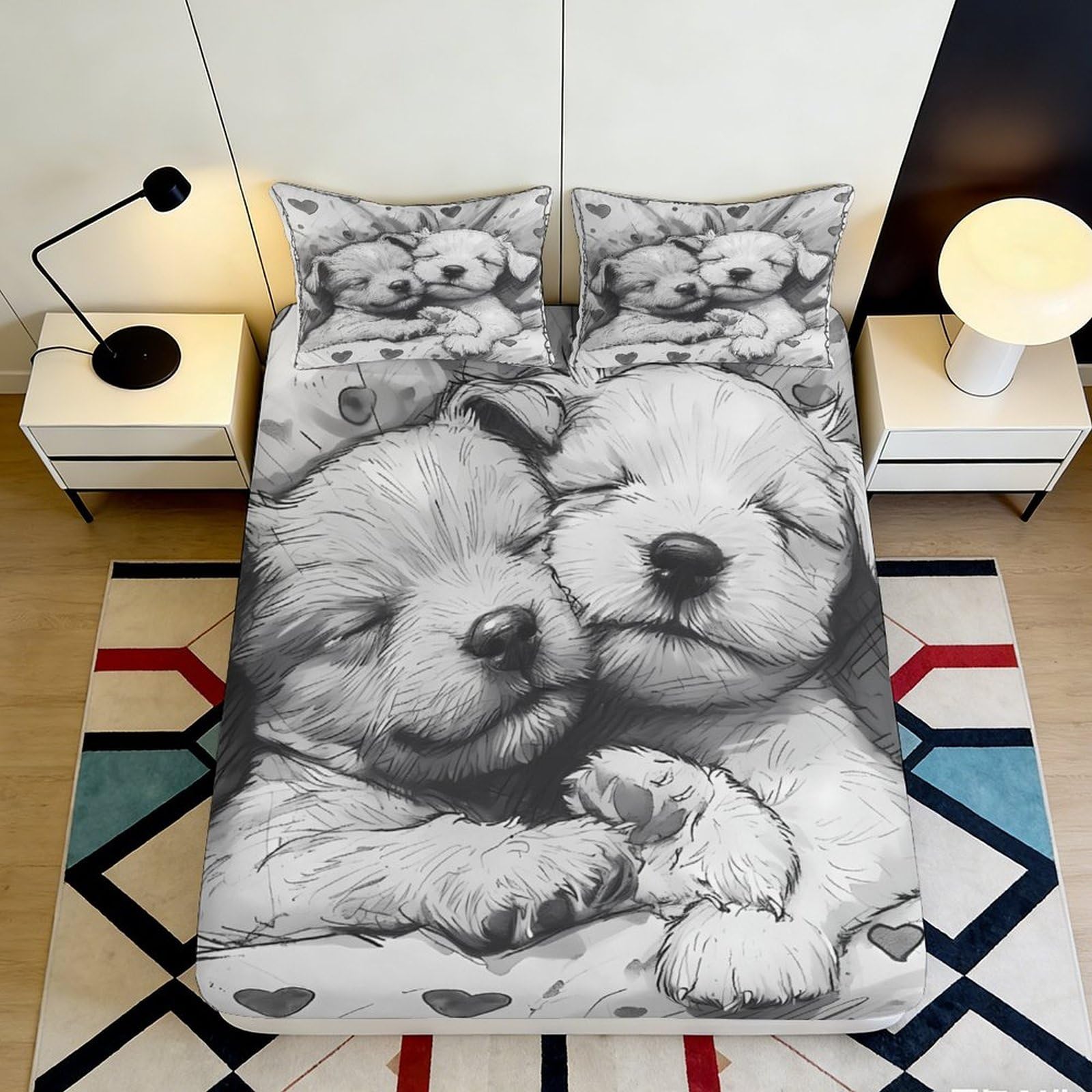 Jqzkxnhpbr Style-8 3D Printed Puppy Love Fitted Sheet Microfiber Soft Mattress Cover For Bedroom Guest Room Decor Easy Care 90X200x25cm
