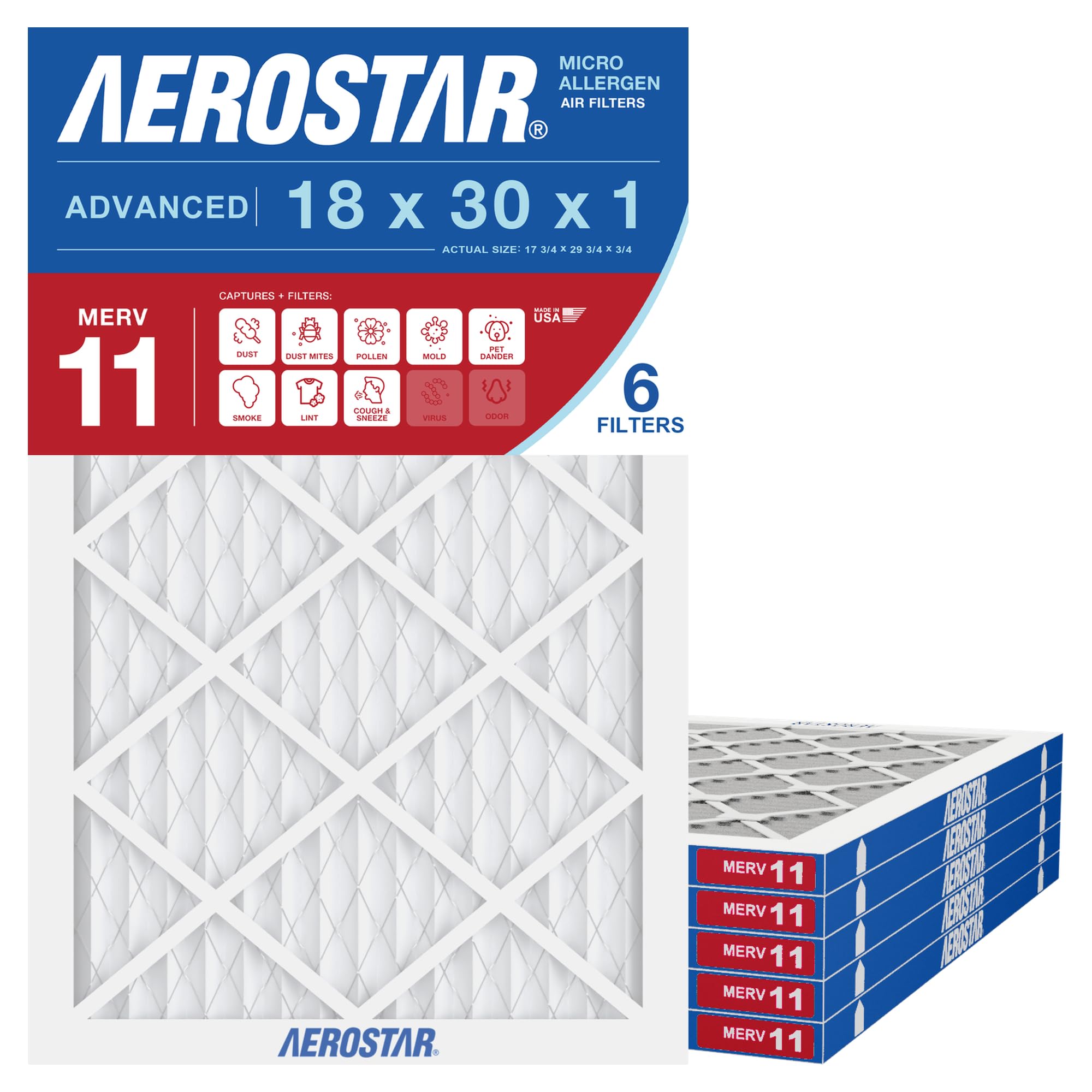 Aerostar 18x30x1 MERV 11 AC & Furnace Filter (6-Pack)