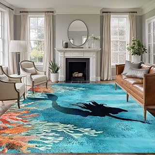 Rectangle Area Rug 6x9ft, Retro Underwater Sea Mermaid Non-Slip Non-Shedding Floor Mat, Summer Ocean Marine Coral Washable Sturdy Carpet for Living Room Bedroom Home Decor