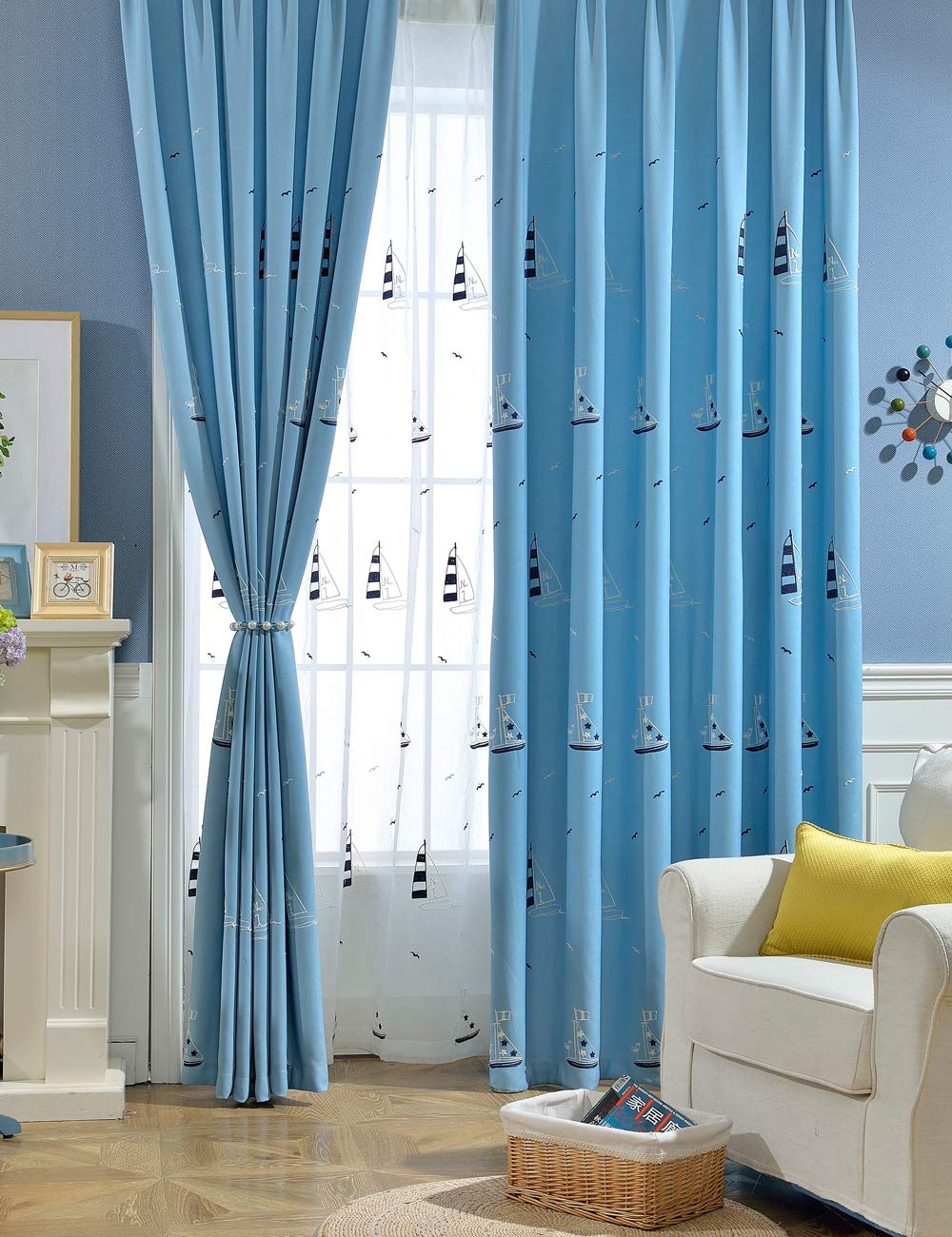 lactraum habitación de los Niños Salón Dormitorio Juvenil de habitaciones trabajo 1er Pack con ojales cortina bordada Mediterráneo ancla Vela Mar Pájaro Cortina gruesa 300 x 245 cm(B x H)