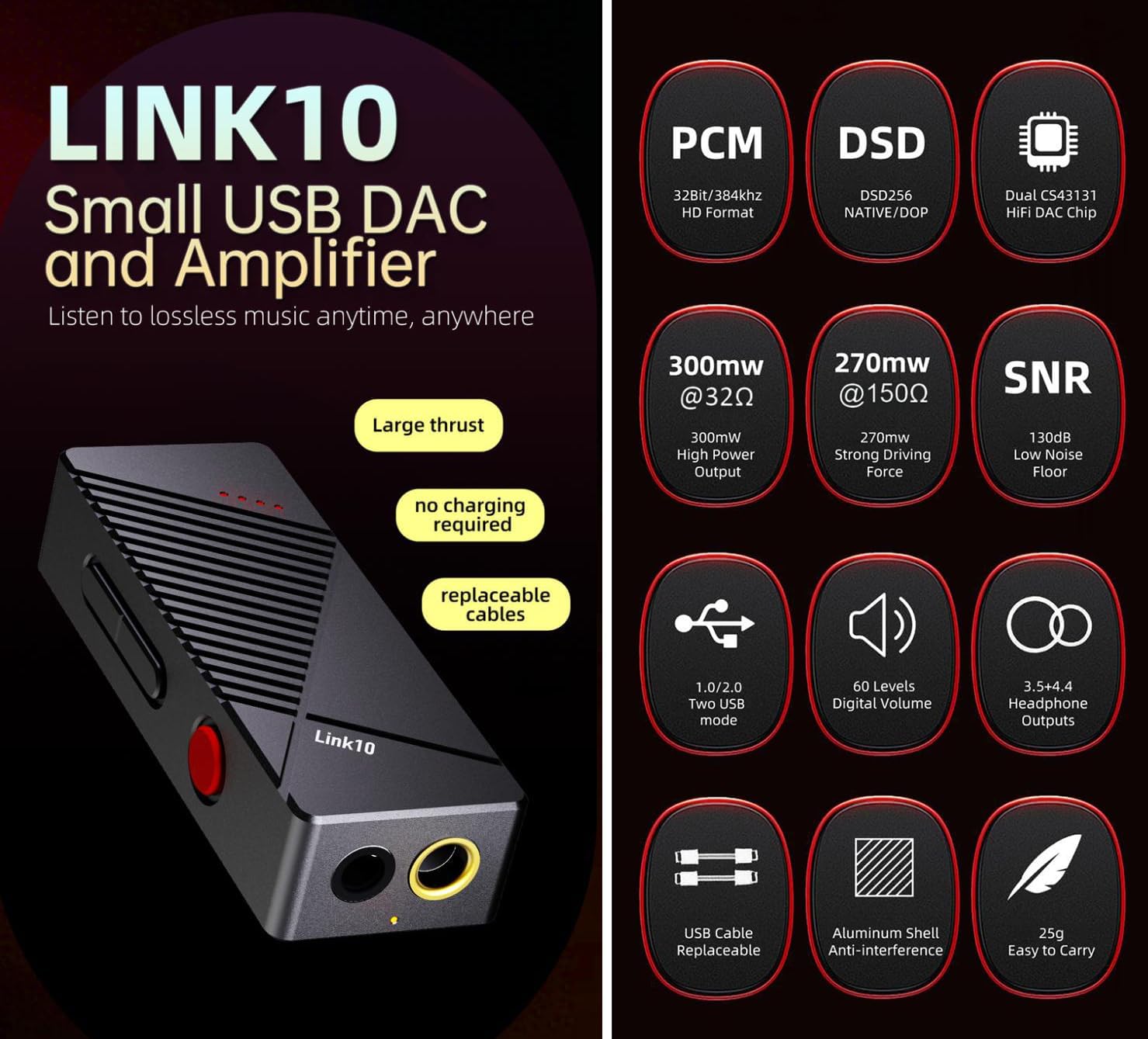 xDuoo LINK10 Portable Mini USB DAC Headphone Amplifier 3.5 and 4.4mm - Dual CS43131 HiFi DAC Chip 32Bit 384khz DSD256 1.0/2.0 Two USB Mode