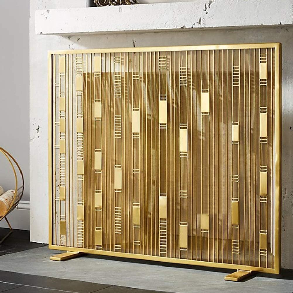Single Panel Fireplace Screen with Metal Mesh - Gold Wrought Iron Bay Safe Fire Place Fence， Geometric Design Spark Guard