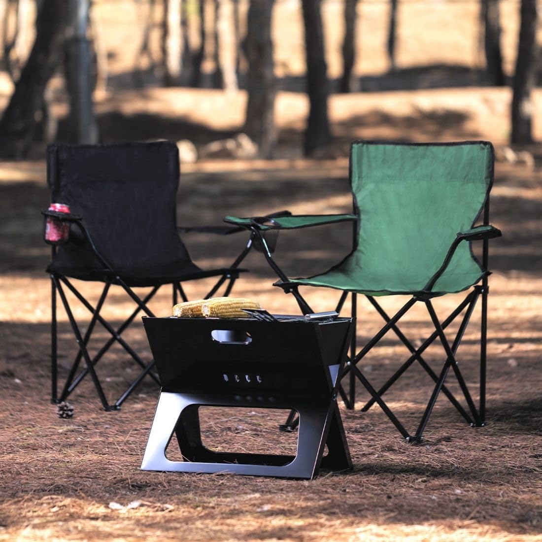 Pack de 2 Sillas y Mesa de Camping Plegables | Sillas Plegables con Porta Bebidas y Mesa Compacta | con Bolsa de Transporte | Set de Mobiliario de Exterior