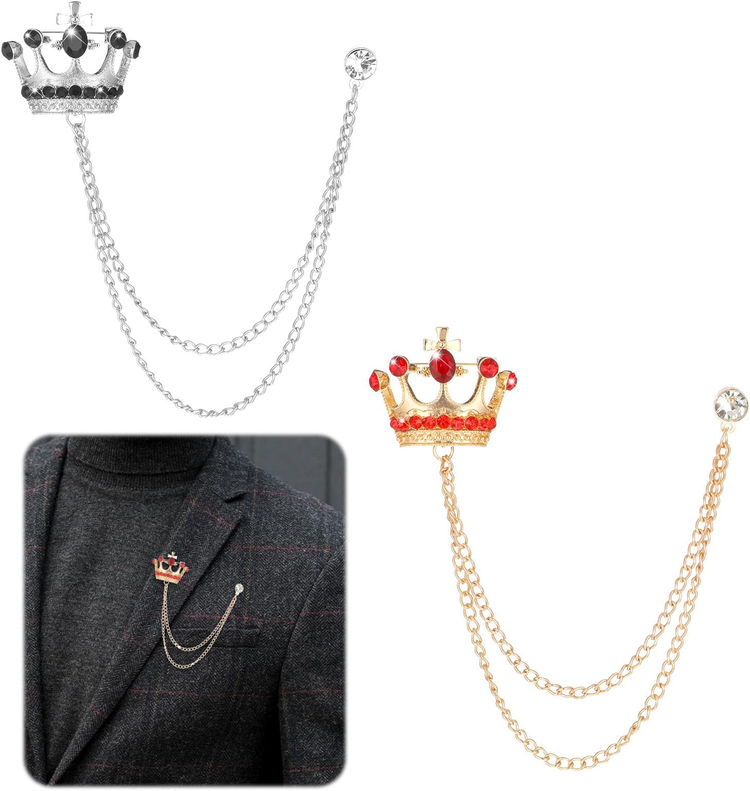 2PCS Suit Hanging Chain Men's Crown Retro Crystal Pins Collar Pin Brooch with Stone Detailing Suit Stud Lapel Rhinestone Pin Engraving, Metal Crystal for Breastpin Wedding Brooch(Black,Red)