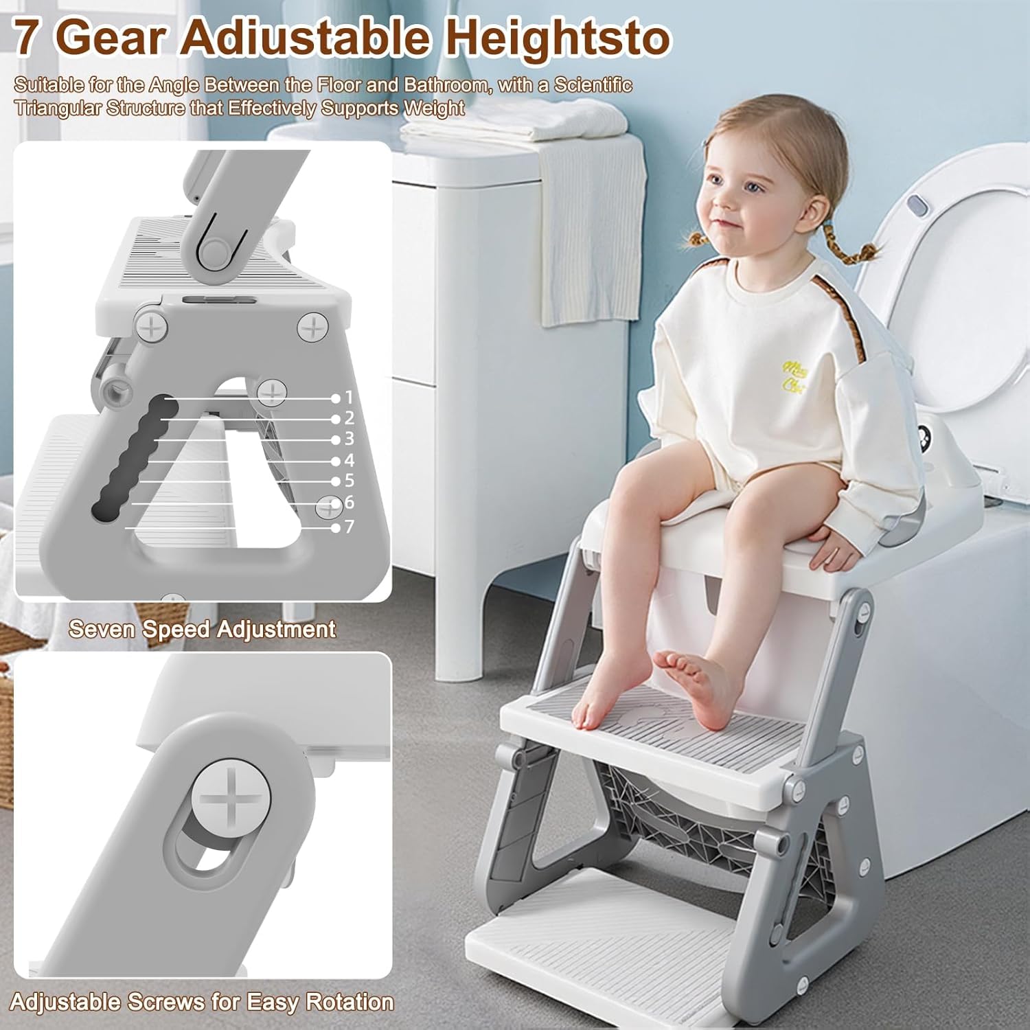Reducteur Toilette Enfant avec Marche,Stabiliser Rehausseur Toilette Enfant avec Structures Triangulaires,Adaptateur Toilette pour Enfants Garçons et Filles,Antidérapant et Pliable,Gris