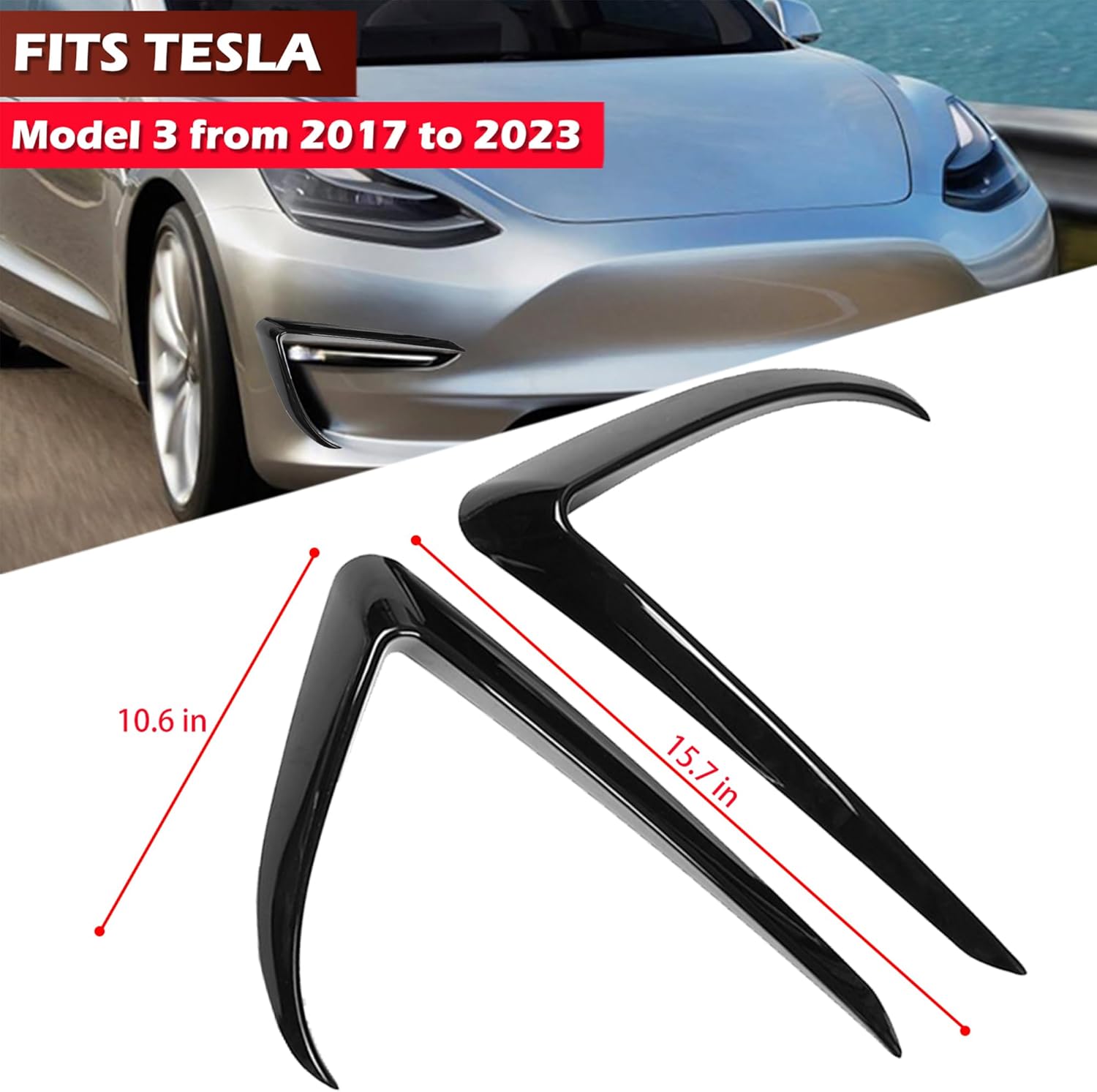Front Fog Light Trim Cover for Tesla Model 3, 2PCS Fog Lamp Frame Blade Trim Eyebrow Eyelids Cover, Spoiler Accessories for Model 3 2017 2018 2019 2020 2021 2022 2023, Glossy Black