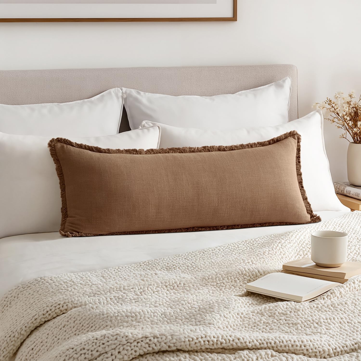 MIULEE Decorative Throw Pillow Covers Neutral Linen Fringe Throw Pillows Set of 1 Natural Beige Boho Farmhouse Cushion Covers for Couch Sofa Bed Living Room Spring Home Decor 14x36 Inch