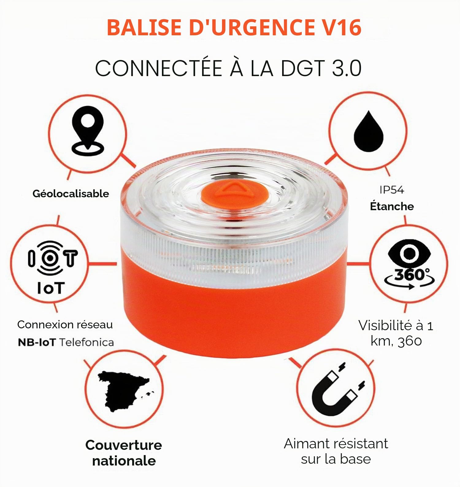 Balise V16 connectée à DGT 3.0 avec géolocalisation, lumière d'urgence V16 homologuée pour voiture, données incluses jusqu'à 2038 (V16 blanc X1)