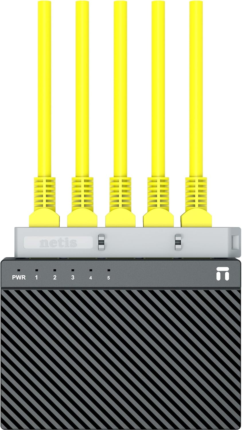 Top-down view of Netis ST3105GC 5-Port Gigabit Ethernet Switch with yellow Ethernet cables connected
