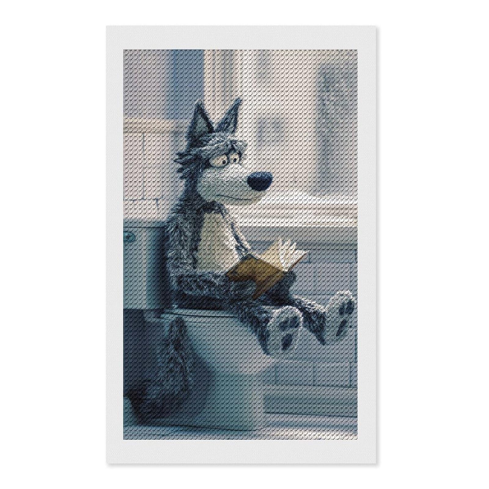 Junmoney Wolf Reading on A Toilet Crystal Diamond Art Kit 12"x20", Stress Relief Craft, Decorative Artwork, Vintage Style Decor, Birthday Gift