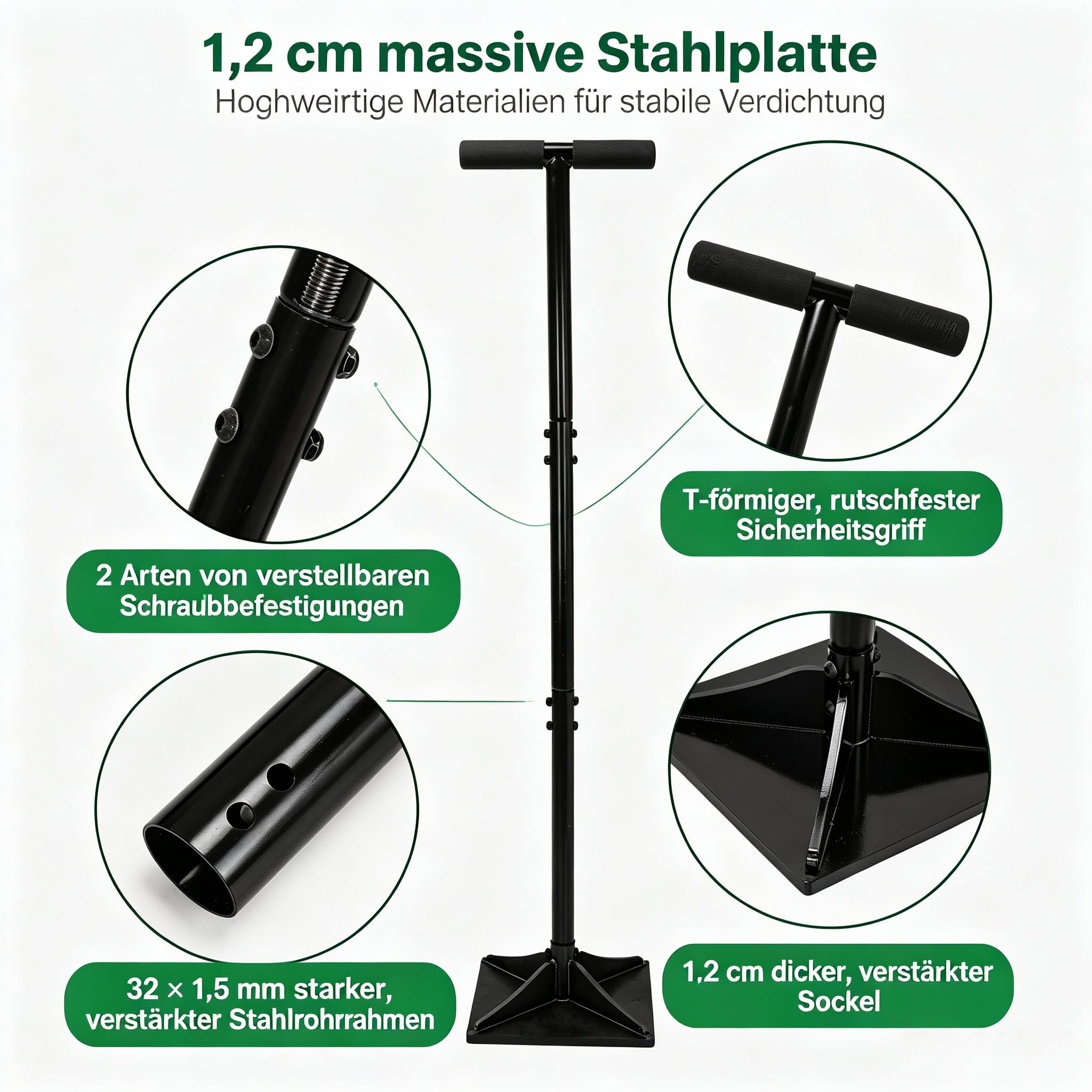 Handstampfer mit 120cm Griff, 25x25cm Stampfer Bodenverdichter mit T-Griff zum Verdichten und Handschuhe, Manuelle Rüttelplatte für Gartenarbeit Bodenmontage